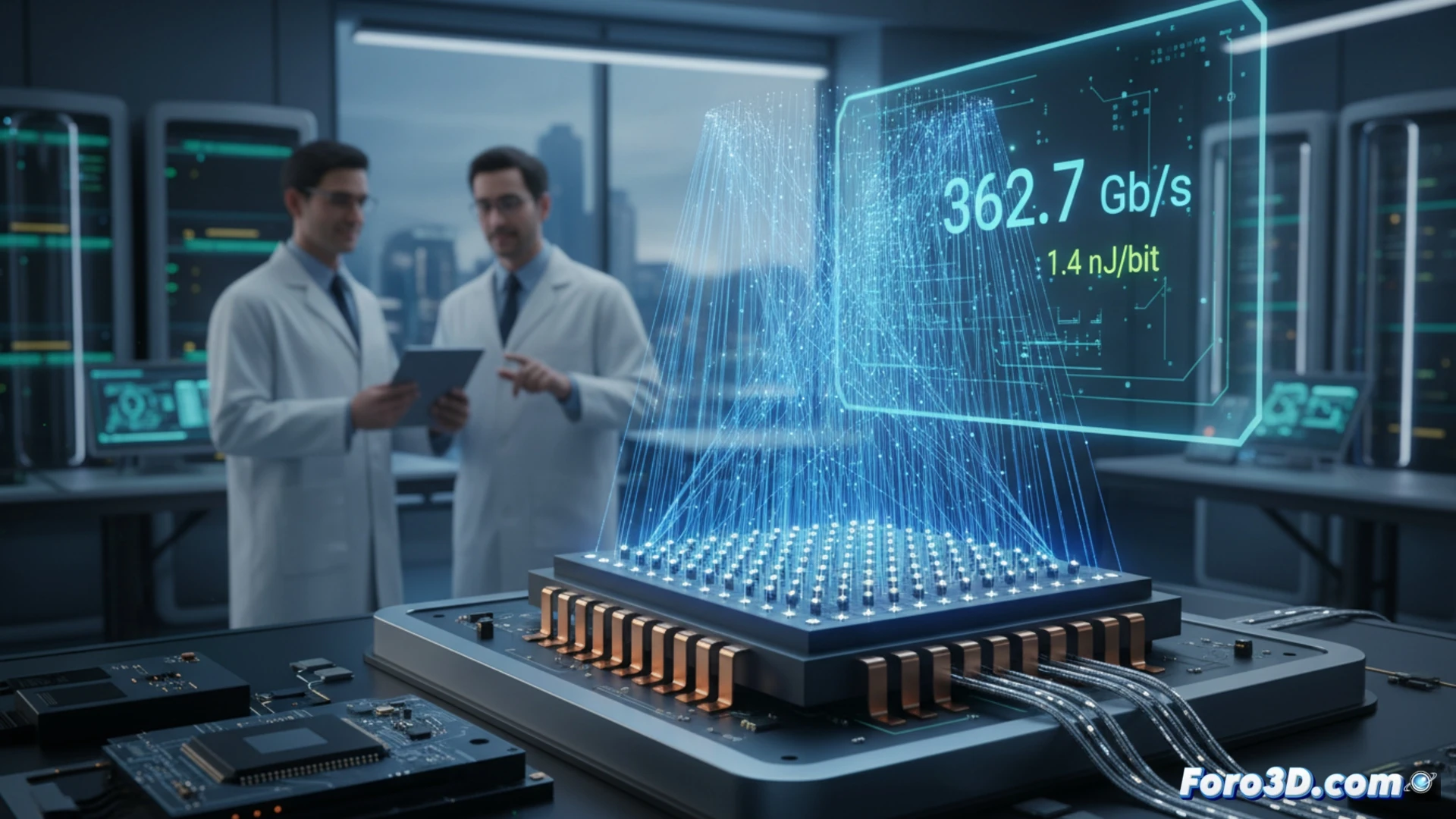 Chip emisor láser ilumina una habitación moderna, con haces de luz visible transmitiendo datos a alta velocidad a dispositivos.