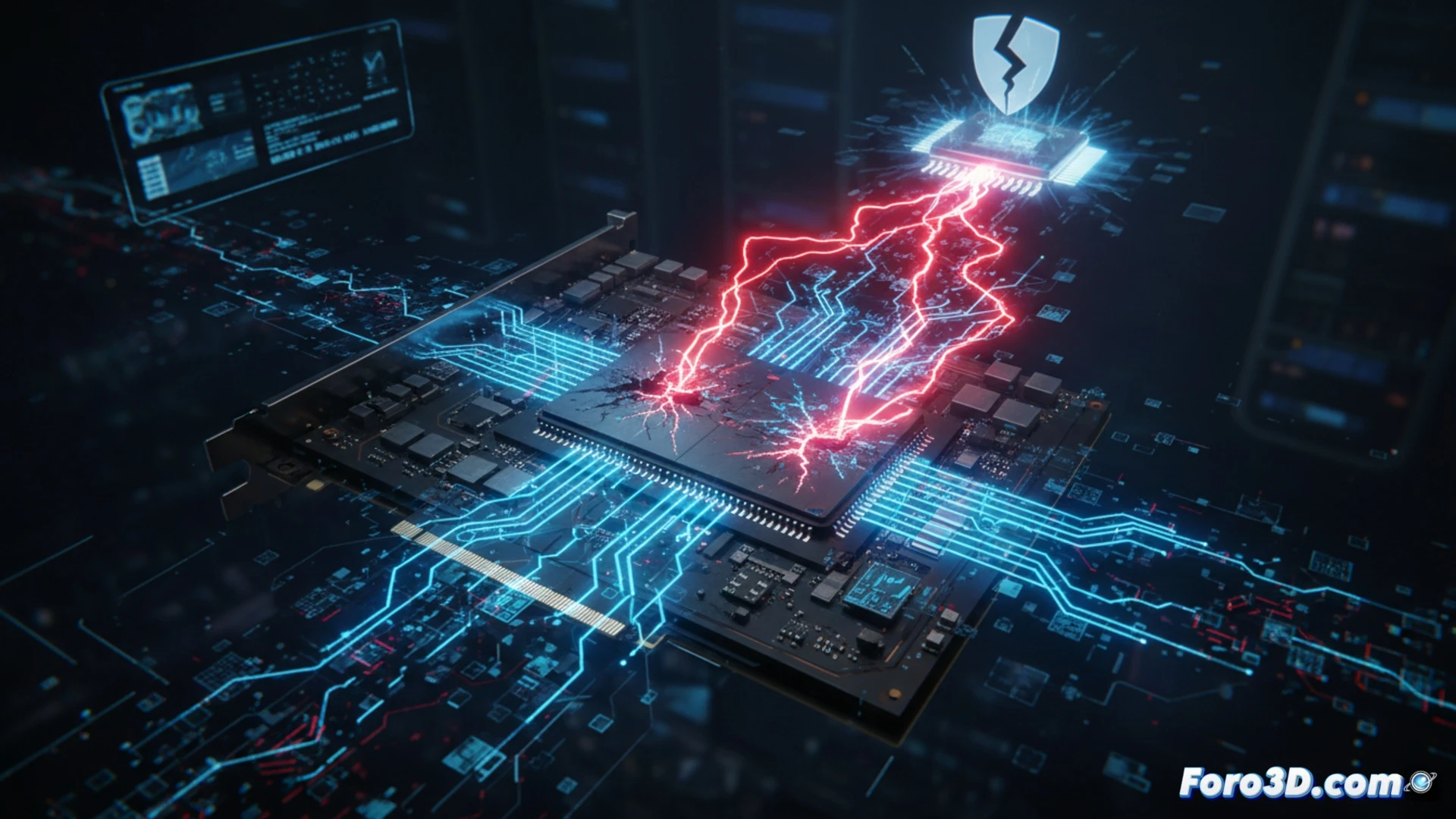 Una GPU moderna con chips de memoria GDDR6 resaltados, mostrando un efecto de distorsión digital que representa el ataque RowHammer.