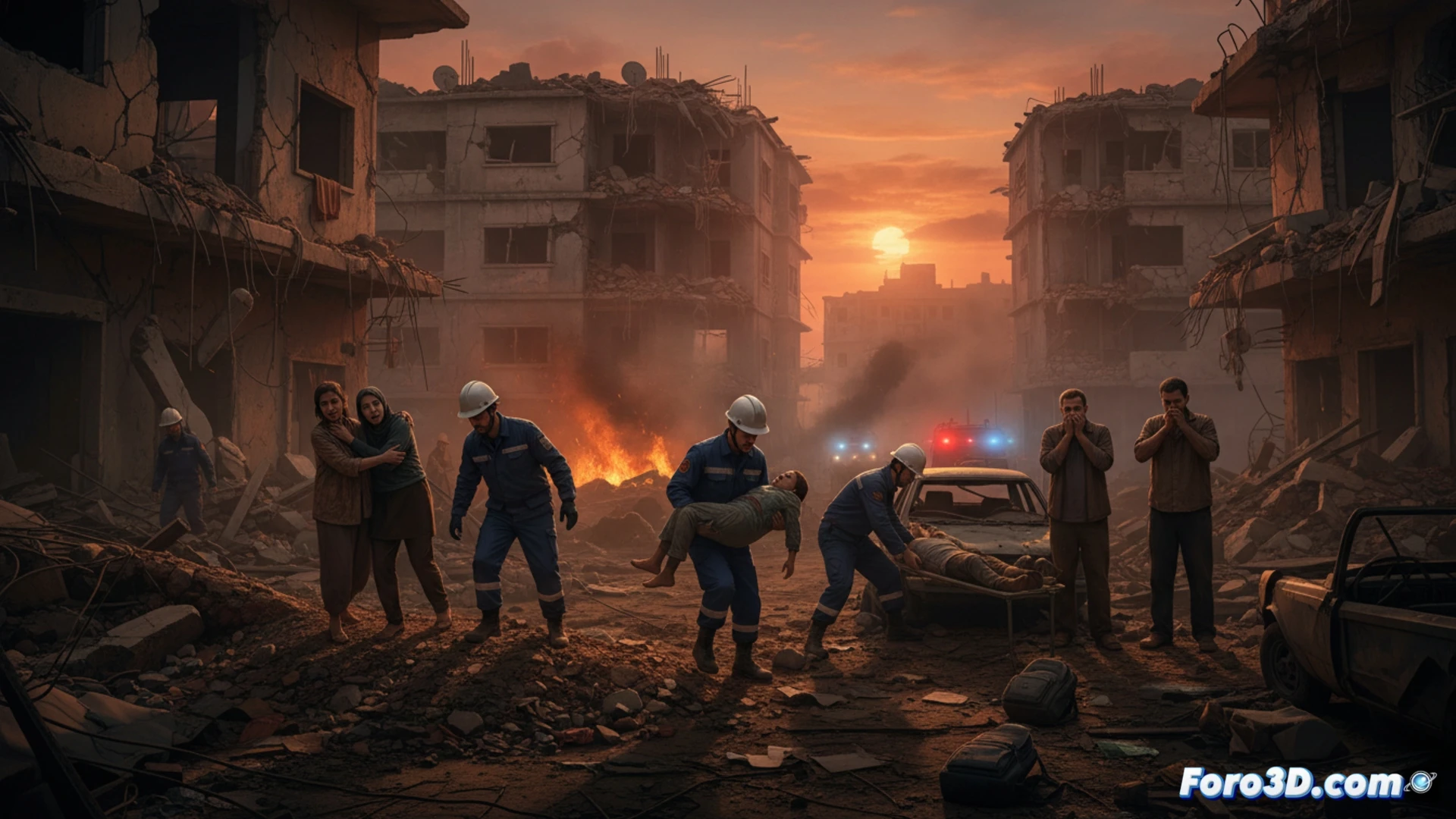 Imagen de edificios residenciales dañados por ataques aéreos, con humo y escombros, en una zona montañosa del sur de Líbano.