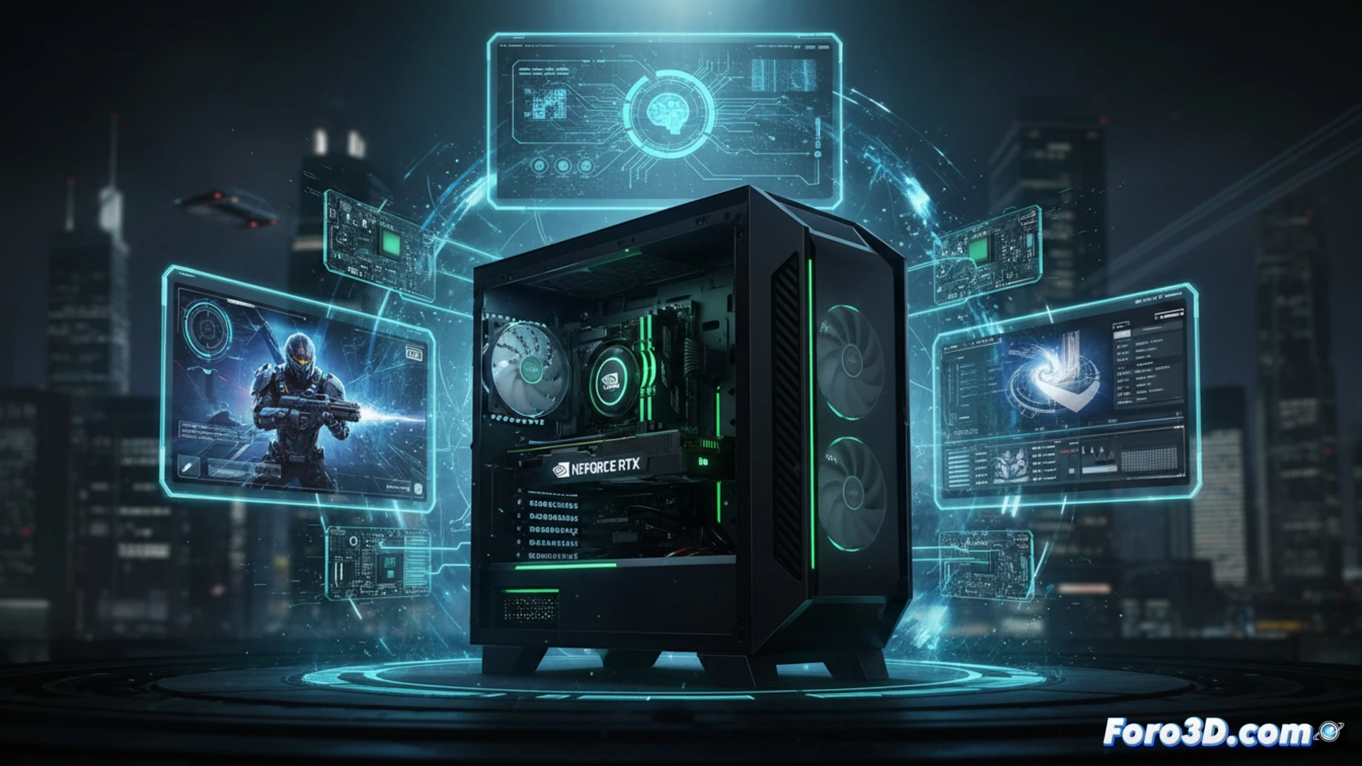 Un PC completo NVIDIA, elegante y optimizado, mostrado sobre un fondo de luces LED verdes.