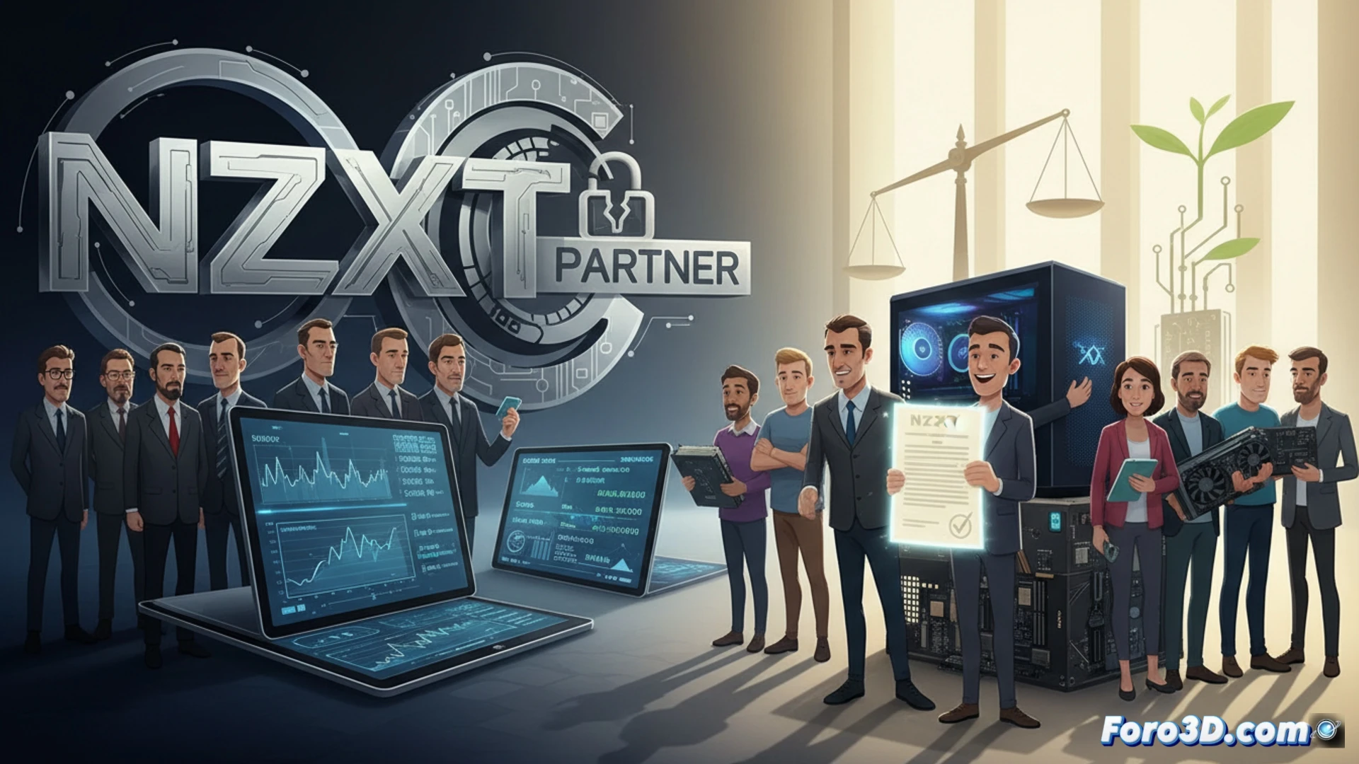 Una persona recibe un PC de NZXT con un sobre de documentos legales y un cheque de indemnización.