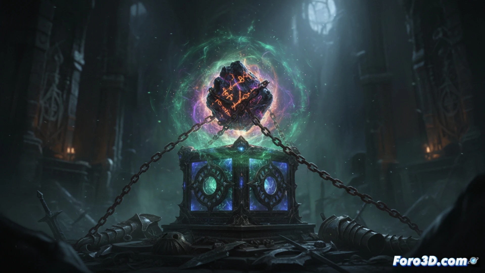 Un Cubo Horádrico brilla mientras transforma un objeto inútil en un haz de energía; al fondo, un héroe de Diablo 4 observa el proceso.