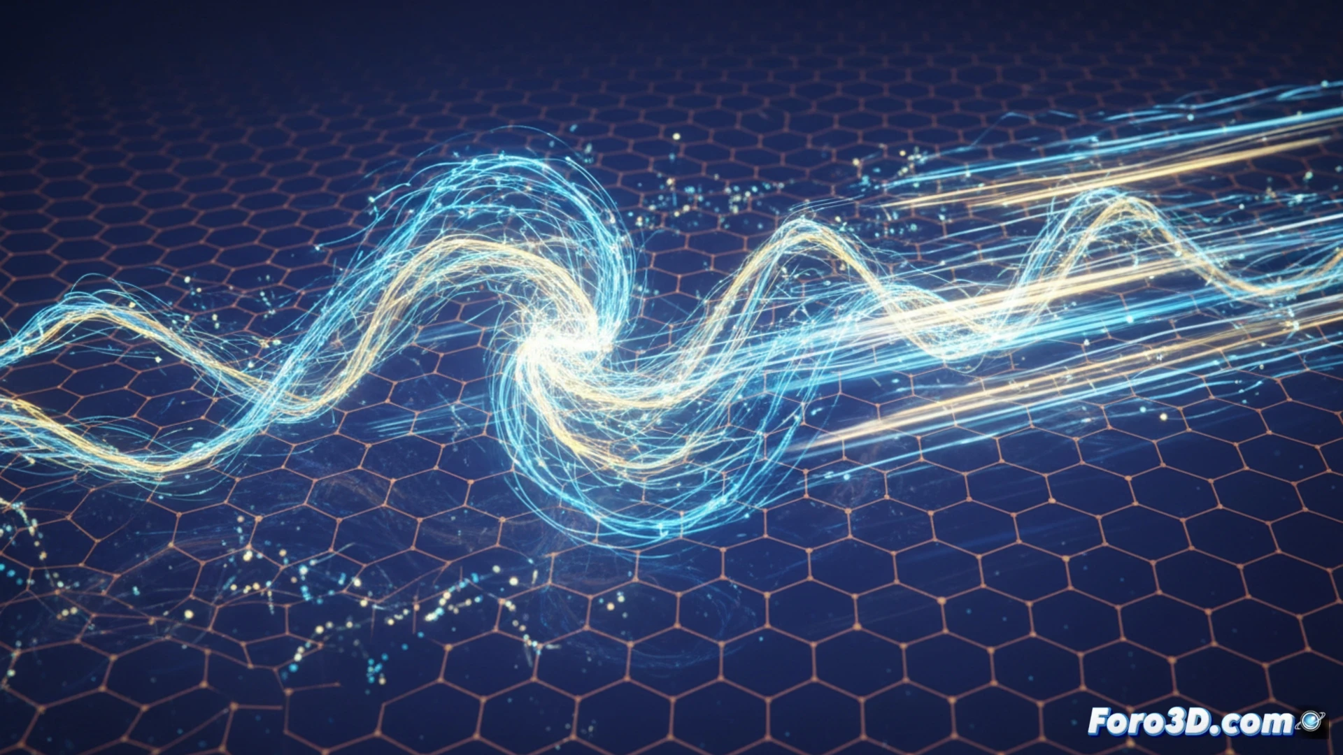 Vórtices de luz brillantes en espiral, superando la velocidad de la luz en un vacío oscuro.