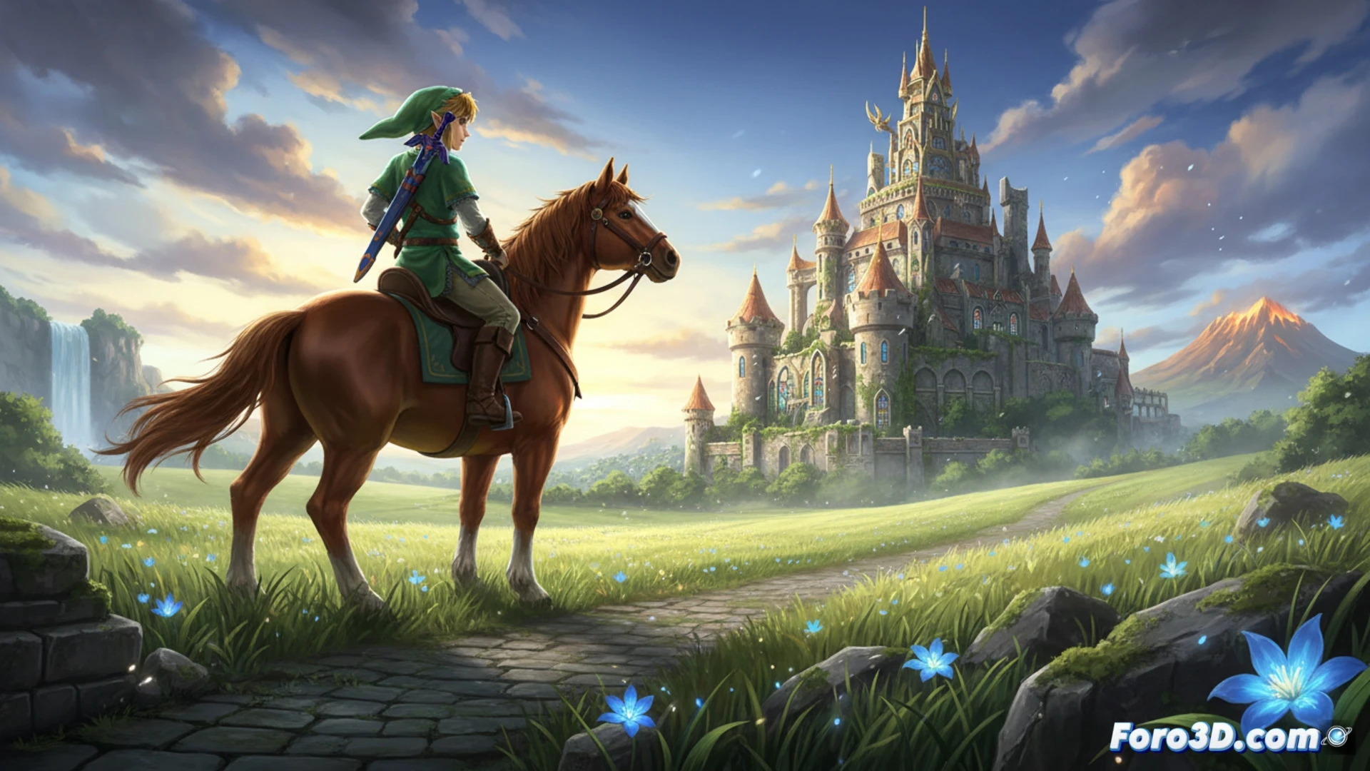 DESCRIPCIÓN: Una ilustración muestra a Link joven y adulto frente al Templo del Tiempo, con gráficos modernos y brillantes, rodeados por fragmentos de la versión original de Nintendo 64.