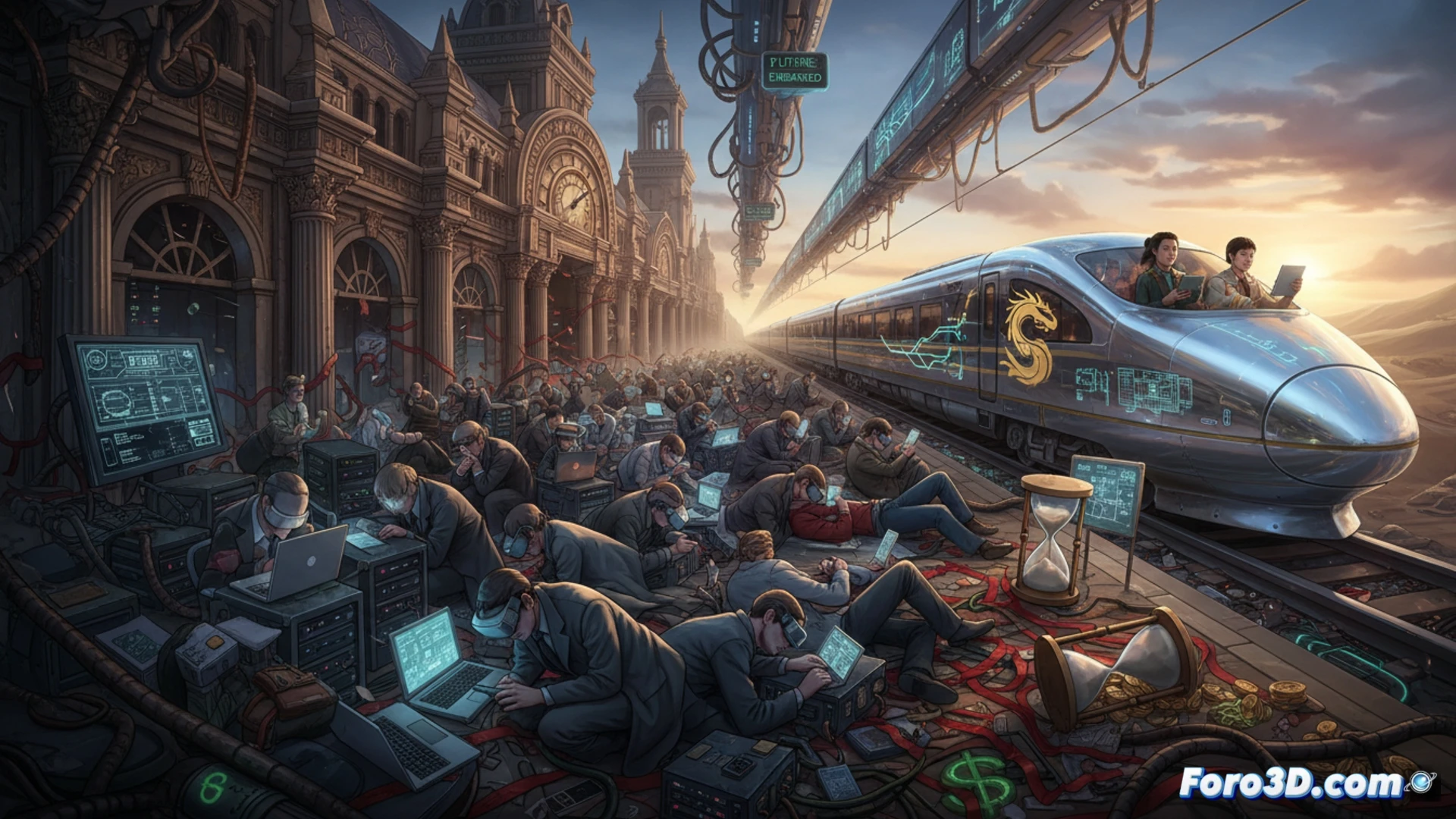 Un tren bala con bandera china atraviesa un mapa de Asia, mientras en la vía muerta duerme un hombre sobre un portátil con logotipo de Silicon Valley, bajo un reloj de arena roto.