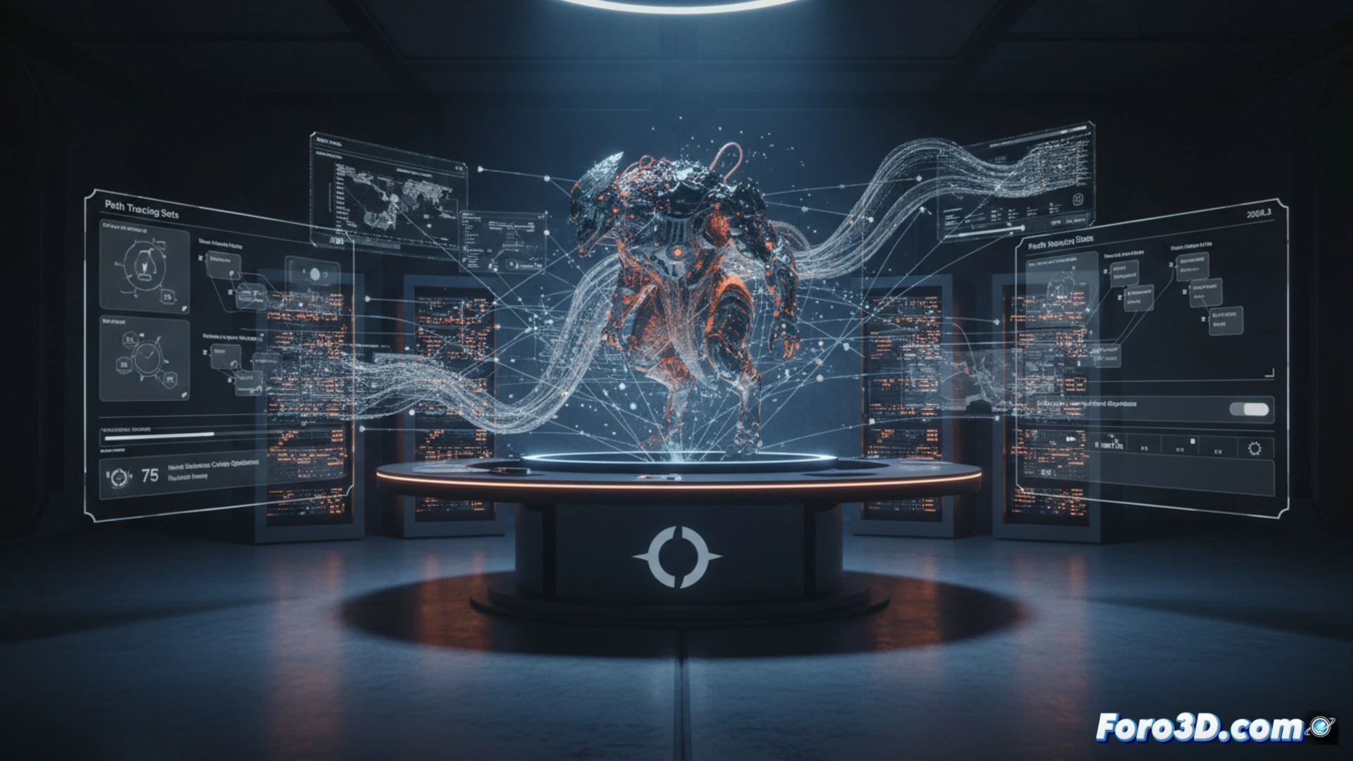 Render en red con texturas virtuales, GPU y mapa de alta resolución fluyendo entre nodos.