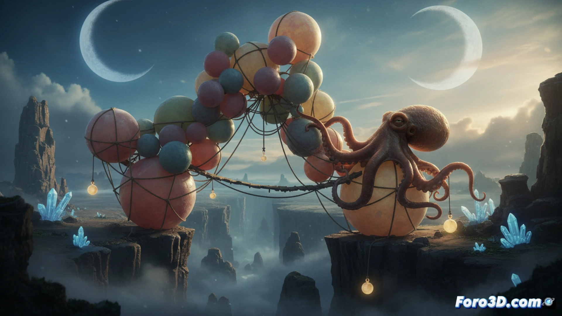 Un pulpo intenta equilibrar una torre de globos sobre su cabeza, con cuidado de que no se desmorone o estalle.