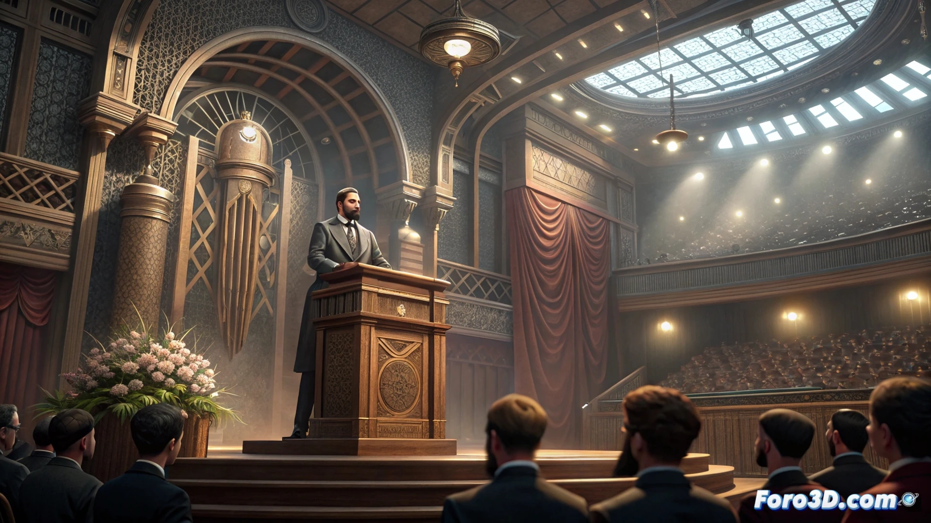 DESCRIPCIÓN: Ministro Urtasun presenta la Oficina de Danza en el Auditorio Nacional, con bailarines en movimiento sobre un escenario vacío que simboliza el fin del olvido cultural.