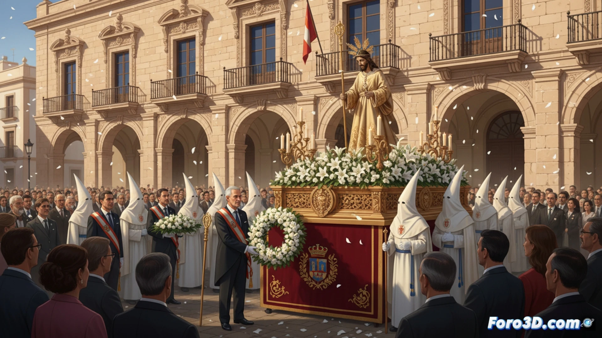 Autoridades municipales colocan un gran arreglo floral ante el paso del Resucitado, en un acto solemne que une tradición religiosa e institucional.