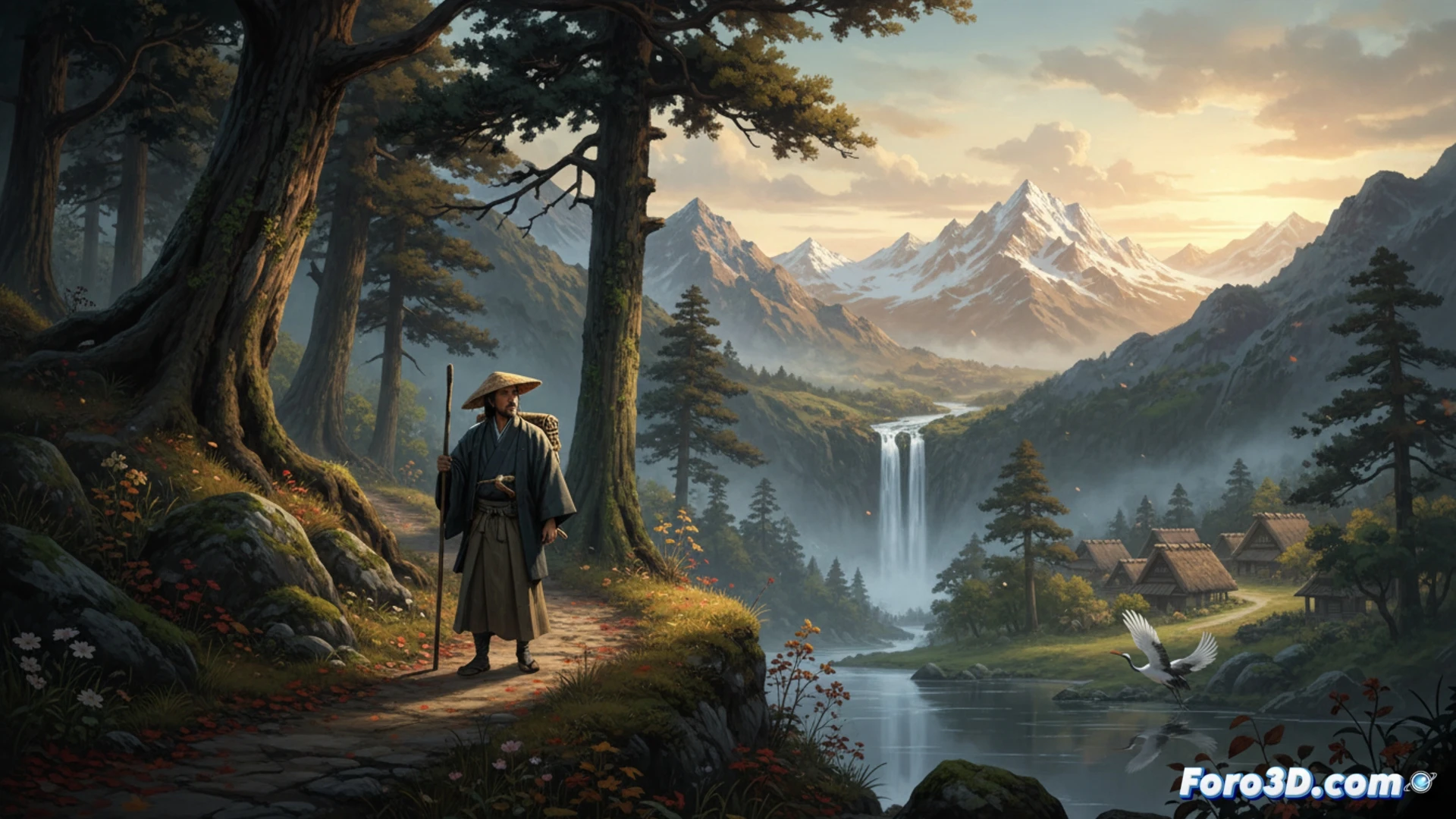 Un hombre con ropa de viaje del periodo Edo camina por un sendero montañoso, con líneas de haiku y código binario flotando entre los cerezos en flor.