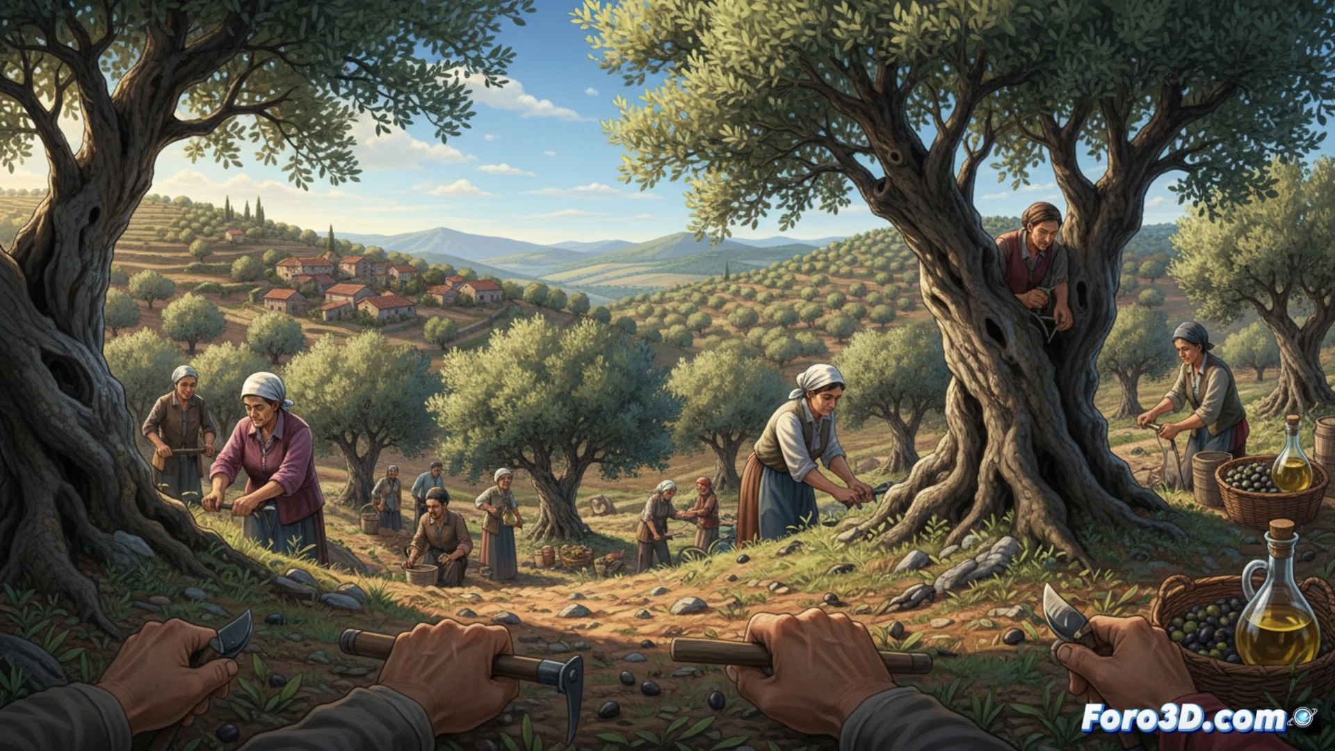 Un vecino de Oliete poda un olivo centenario recuperado, con el pueblo y el campo al fondo.