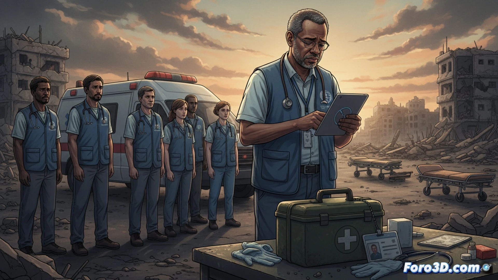 Una trabajadora humanitaria de la OMS, con chaleco y casco, observa una ambulancia detenida en Gaza.