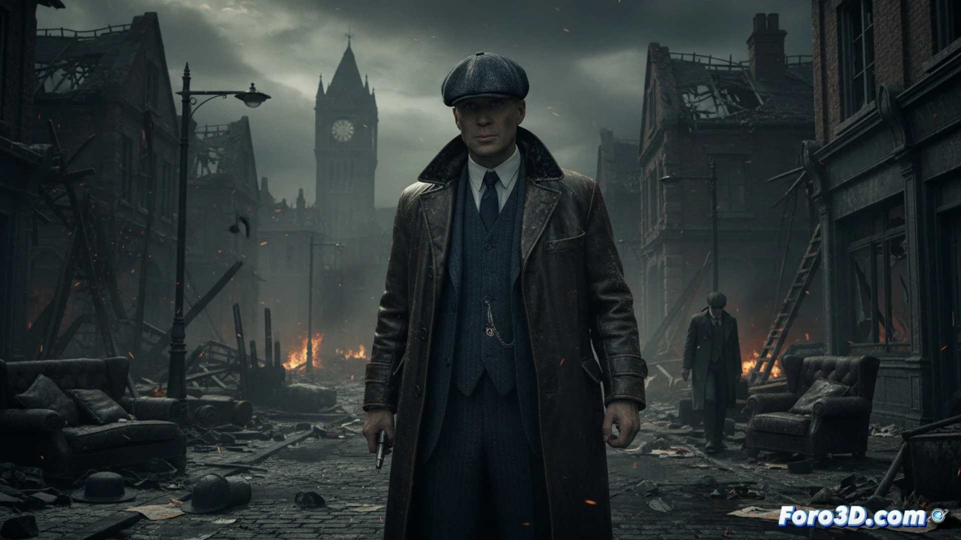 Una ciudad en ruinas, con Tommy Shelby caminando entre escombros y edificios históricos digitalmente reconstruidos.