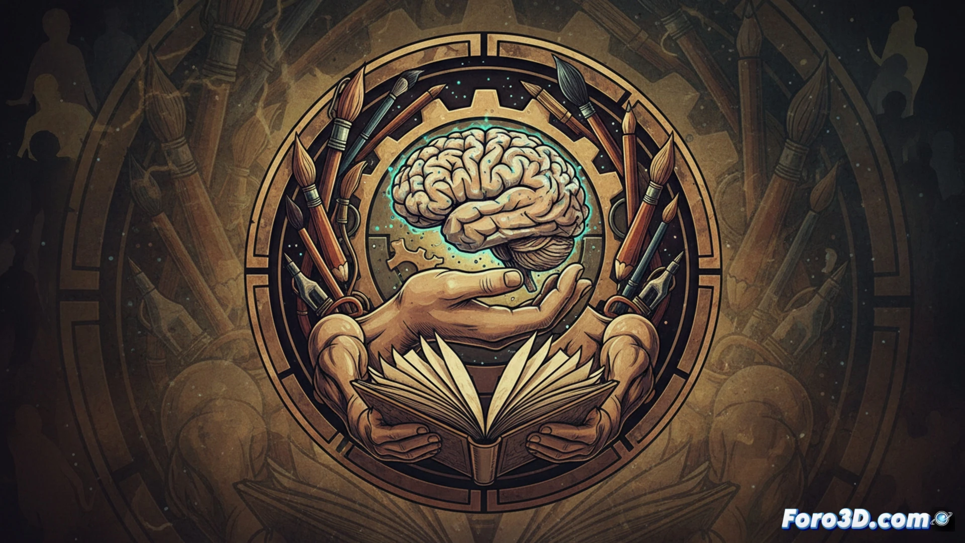 Un sello circular con '100% Human-Made' sobre un cómic abierto, rodeado de lápices y pinceles.