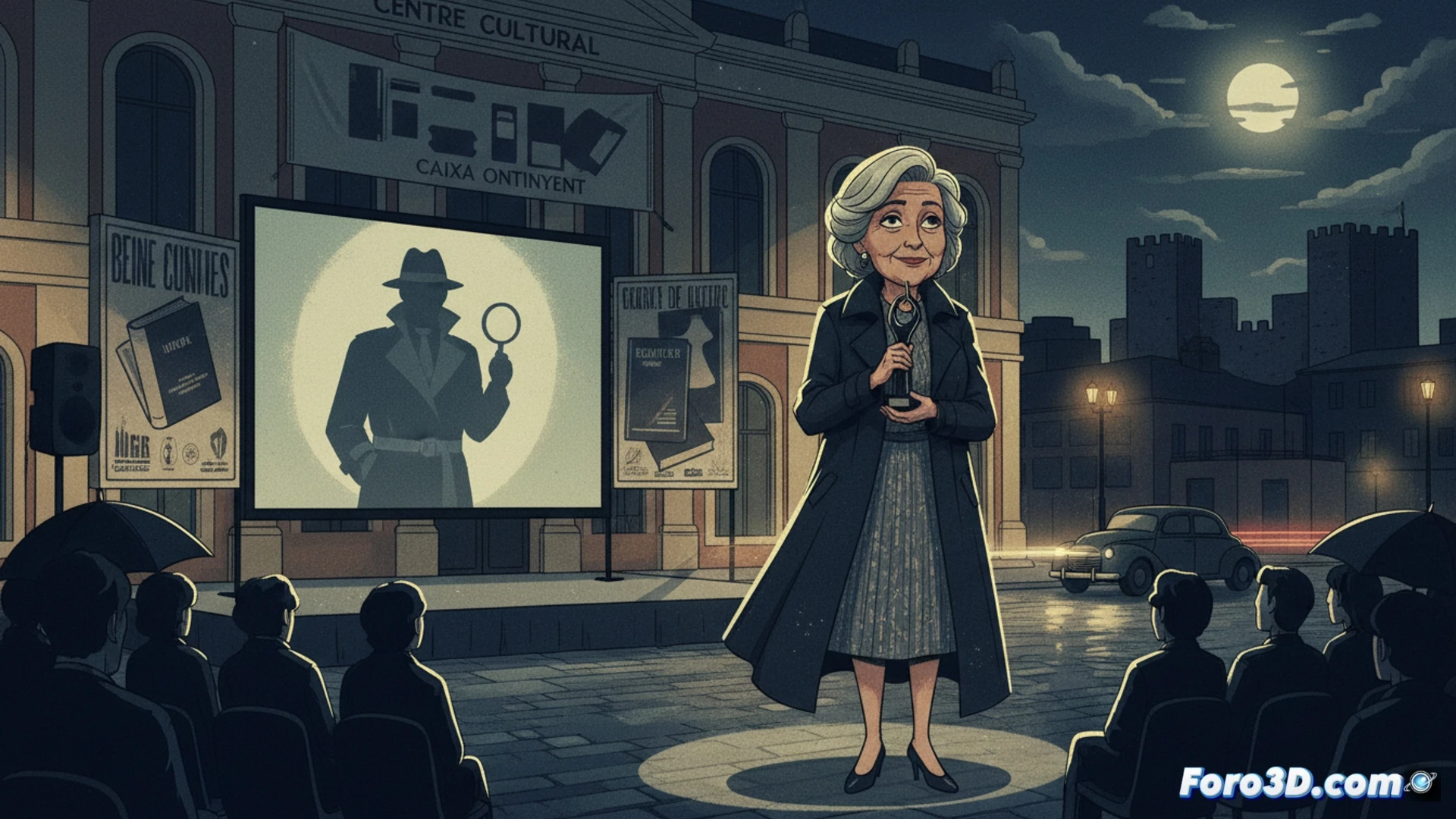 Elvira Lindo sonríe en un escenario negro, tras ella un cartel de cine negro y la fecha de mayo.