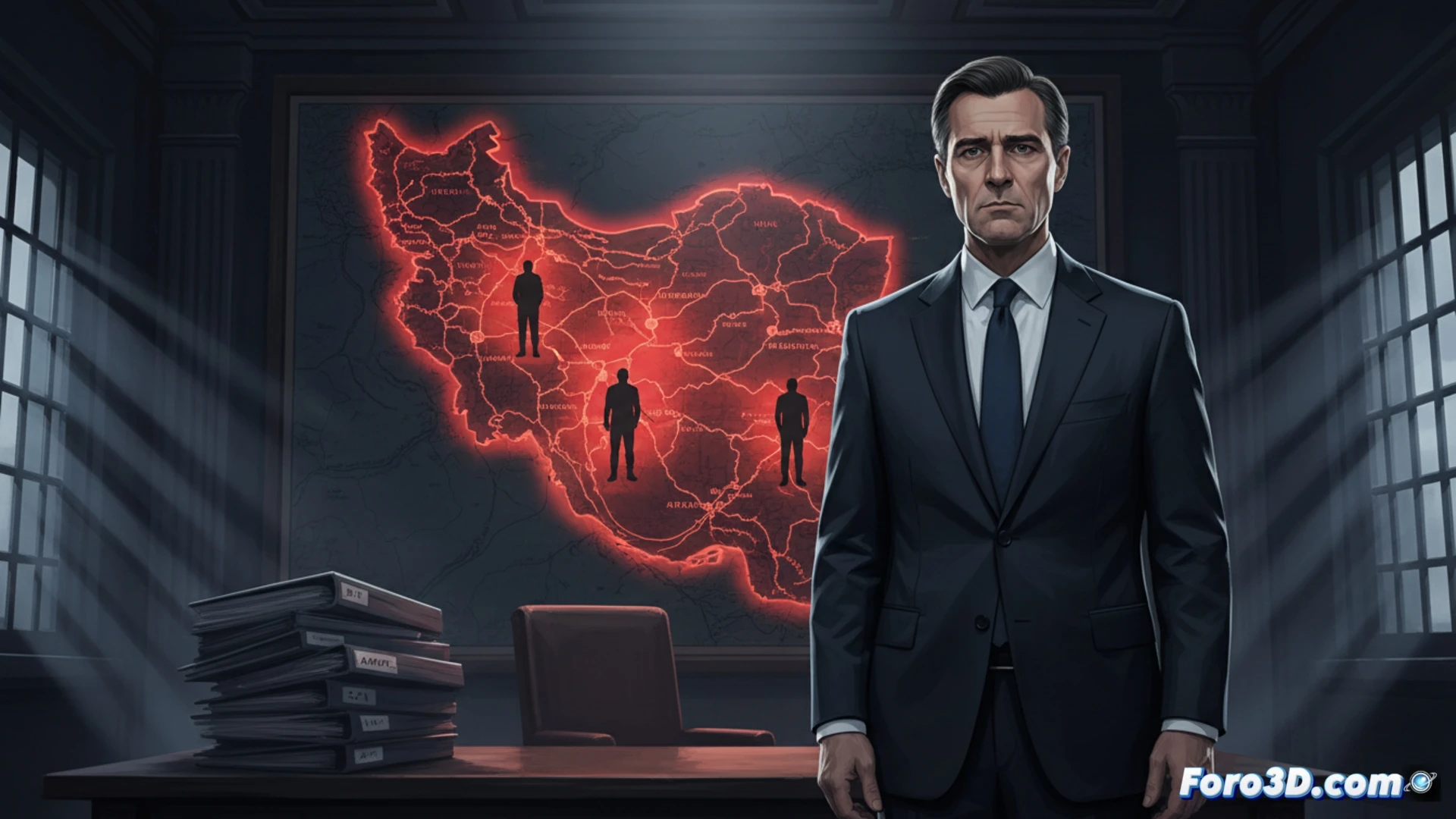 Una sala de tribunal iraní sombría, con un juez severo y acusados esposados. Al fondo, un mapa de Gaza en llamas y una balanza de justicia rota.