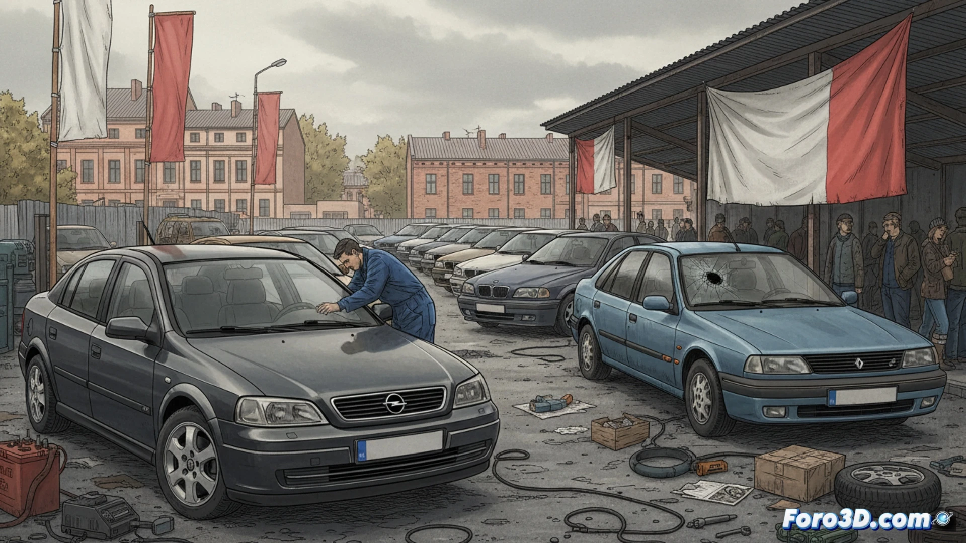 Un Opel Astra y un Renault Laguna diesel, ambos frecuentes en un taller polaco, con mecánicos trabajando en ellos.