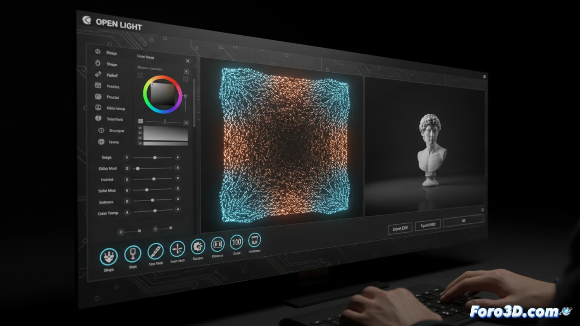 Una aplicación de escritorio muestra una textura HDR procedural circular con parámetros de luz ajustables.