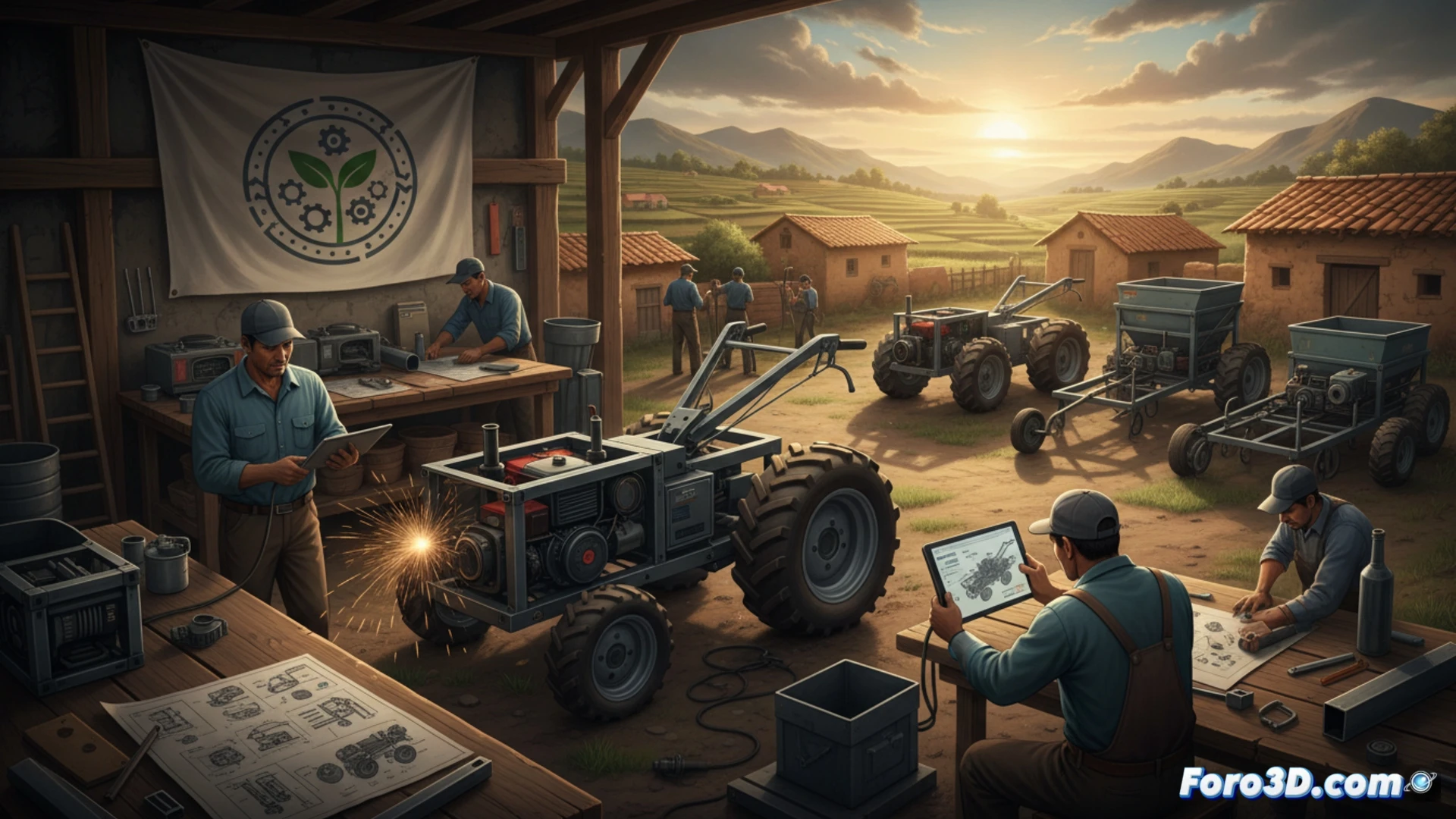 Una persona ensambla una máquina agrícola robusta con herramientas básicas, siguiendo planos abiertos en una pantalla.