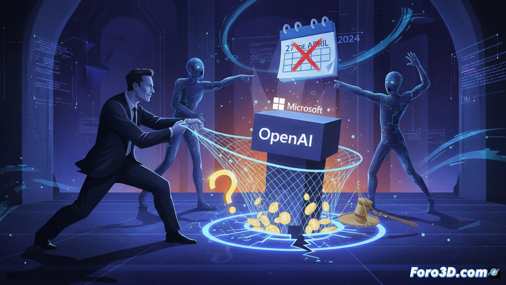 Ilustración de un juicio con un hombre de espaldas cambiando un letrero de 'Dinero para mí' a 'Dinero para la empresa'.