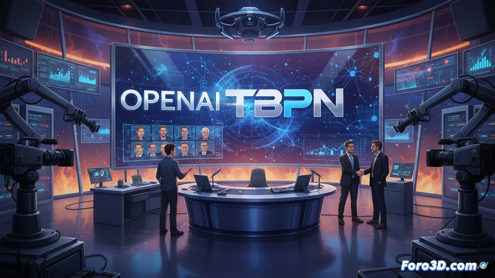 Un estudio con micrófonos y pantallas donde John Coogan y Jordi Hays, presentadores de TBPN, conversan. El logo de OpenAI se integra sutilmente en el fondo, simbolizando la adquisición.