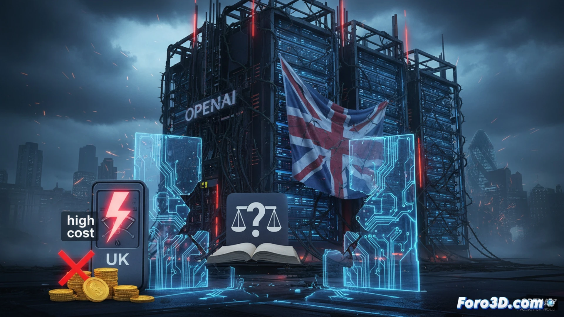 Un mapa del Reino Unido con un gran centro de datos en pausa, símbolos de alto voltaje y libros legales bloqueando su avance.