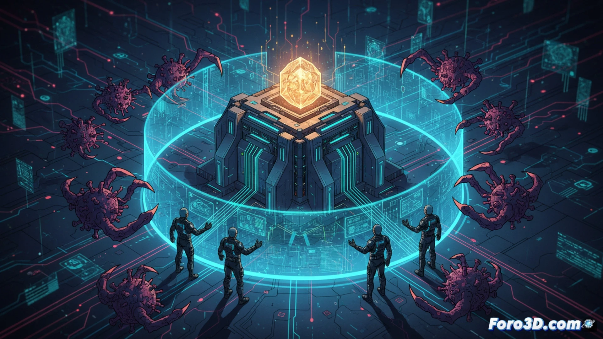 Un centro de datos futurista, con un haz de luz azul que conecta un servidor dorado con la palabra 'CYBER' a un escudo digital. Al fondo, una silueta de hacker en rojo se desvanece.