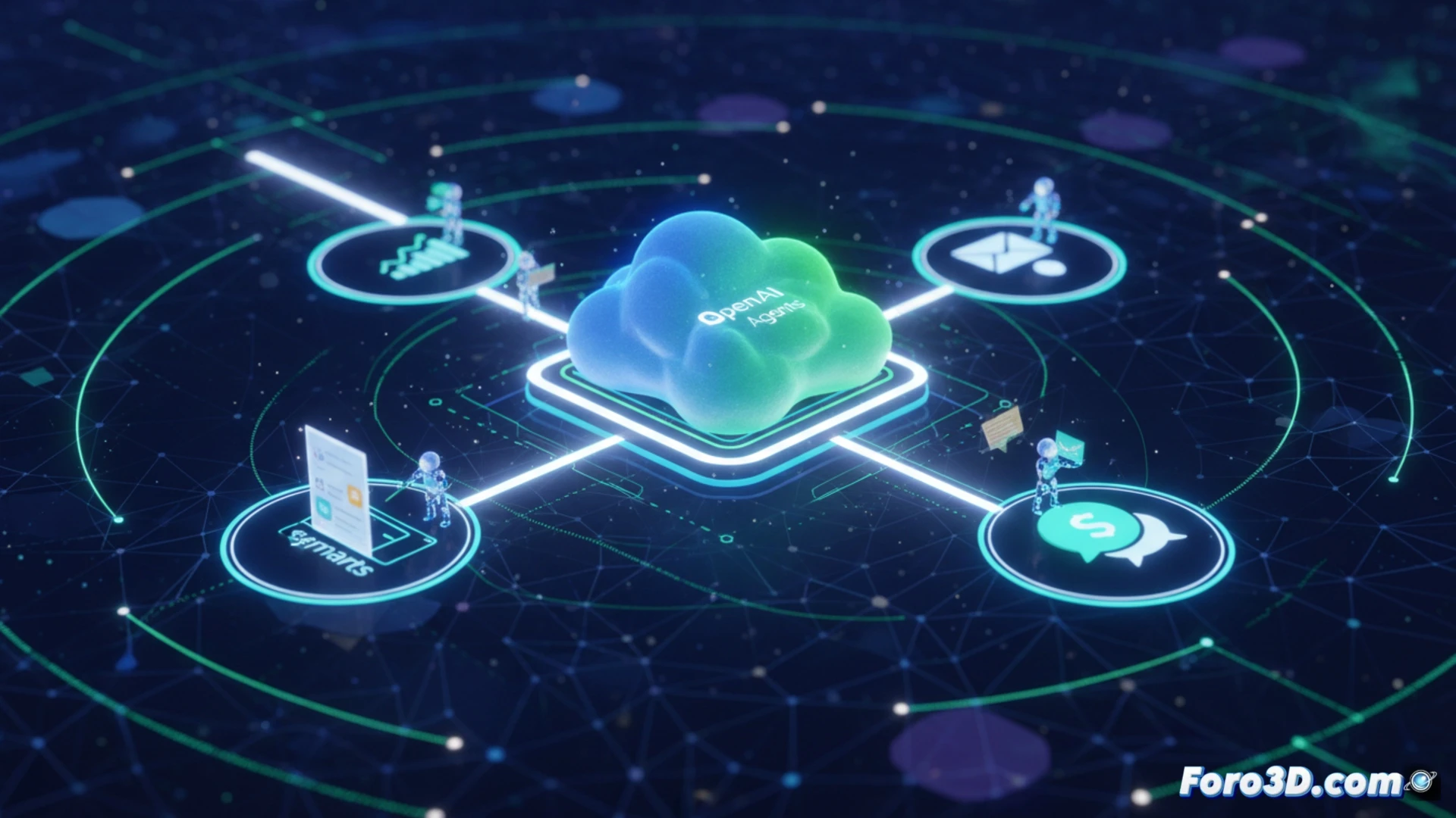 Una interfaz moderna de ChatGPT con agentes autónomos gestionando tareas de Gmail y Slack en segundo plano.