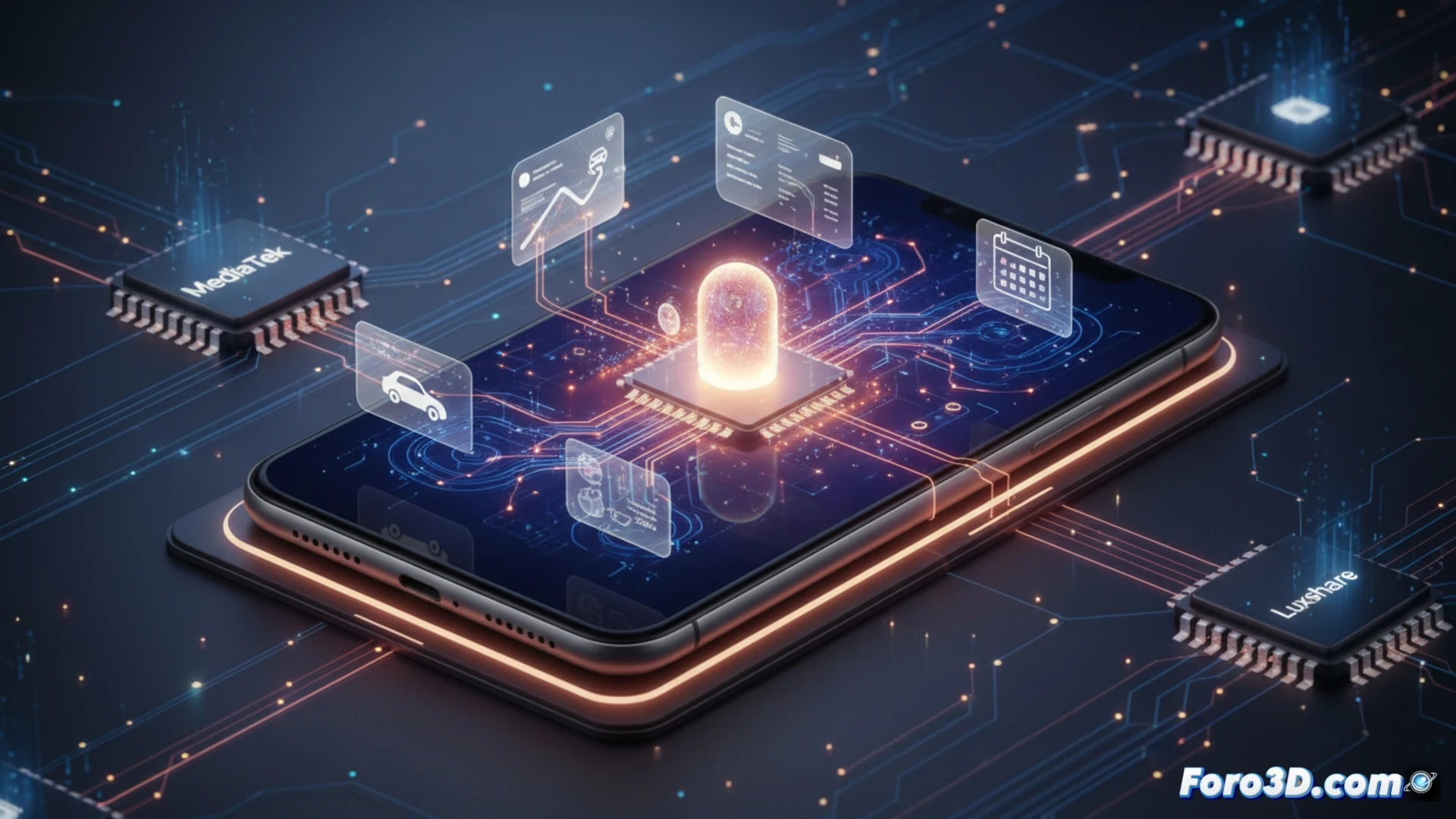 Un smartphone minimalista sin íconos de apps, solo una interfaz de IA conversacional brillante en la pantalla.