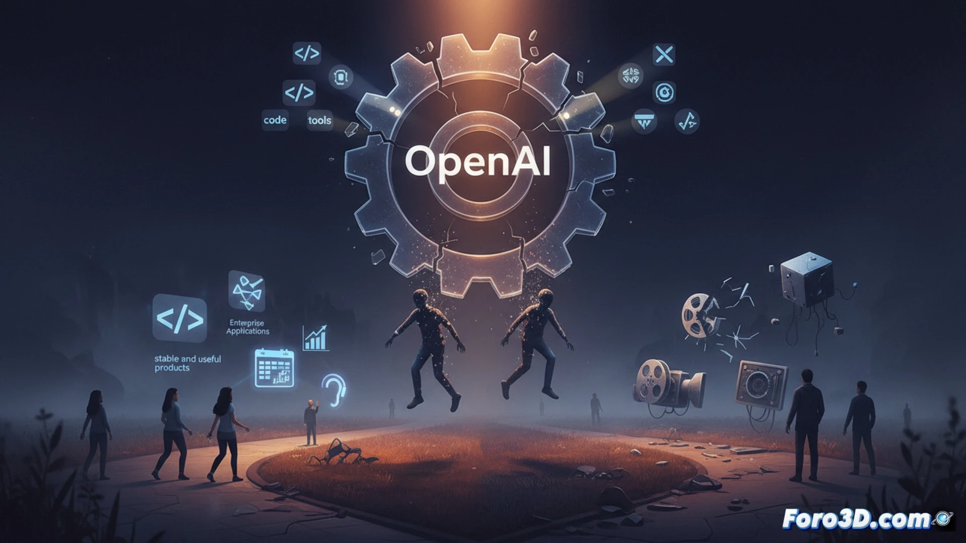 Una pantalla con código y gráficos empresariales, mientras un pequeño icono de video se desvanece al fondo.