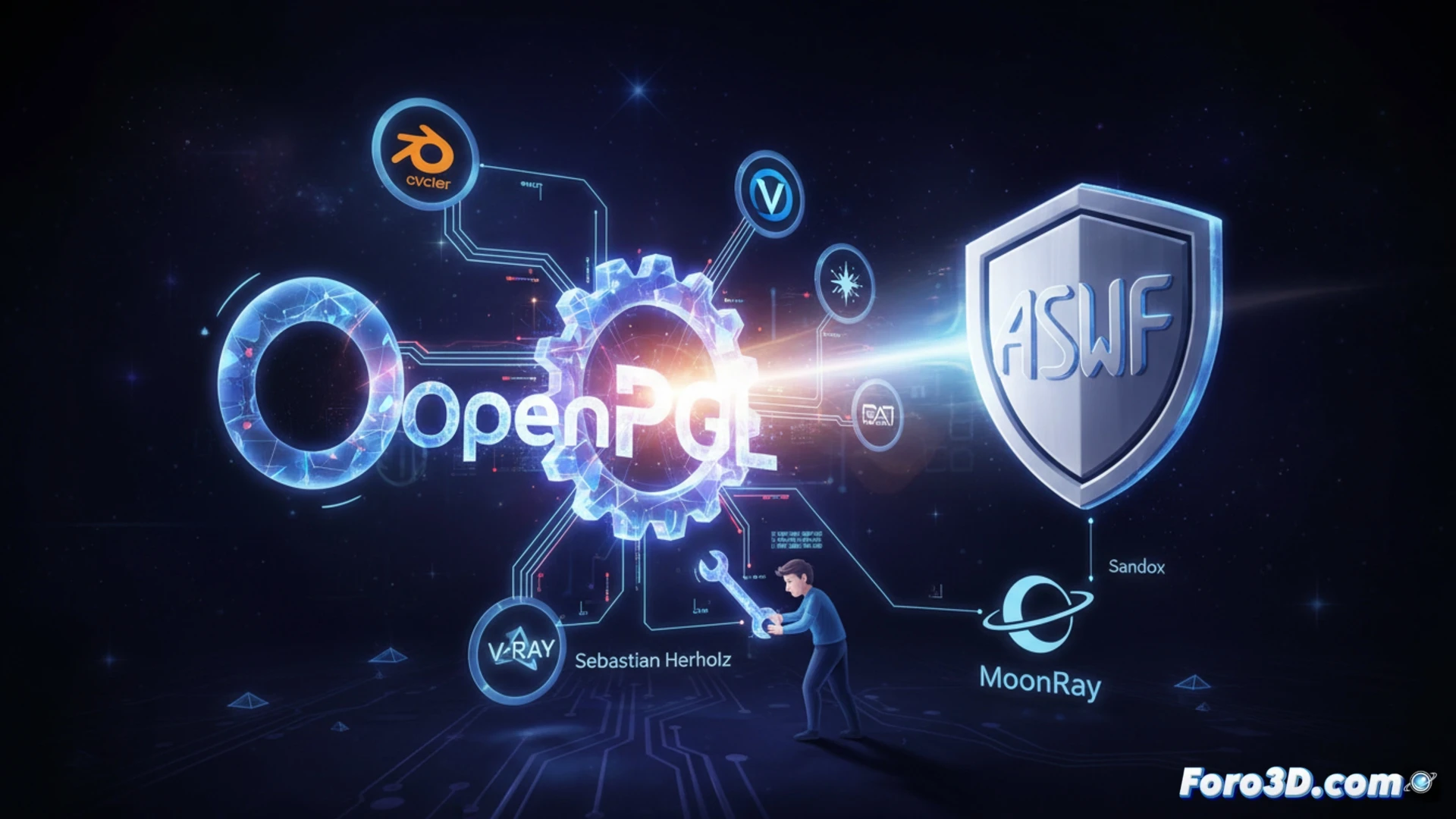 Una biblioteca de código abierto renace bajo el ala de una fundación, simbolizando colaboración y futuro en renderizado.