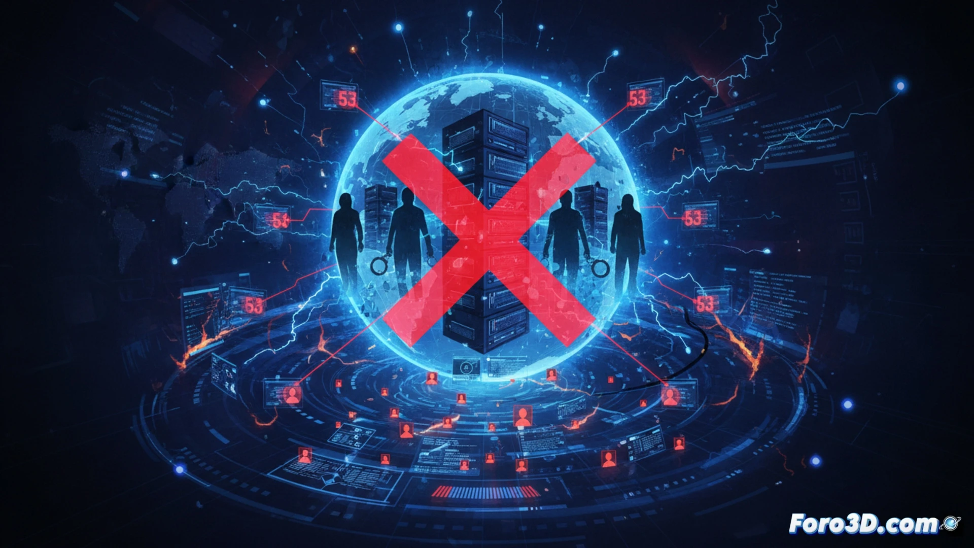 Agentes policiales frente a pantallas con datos de la operación contra servicios de ataques DDoS ilegales.