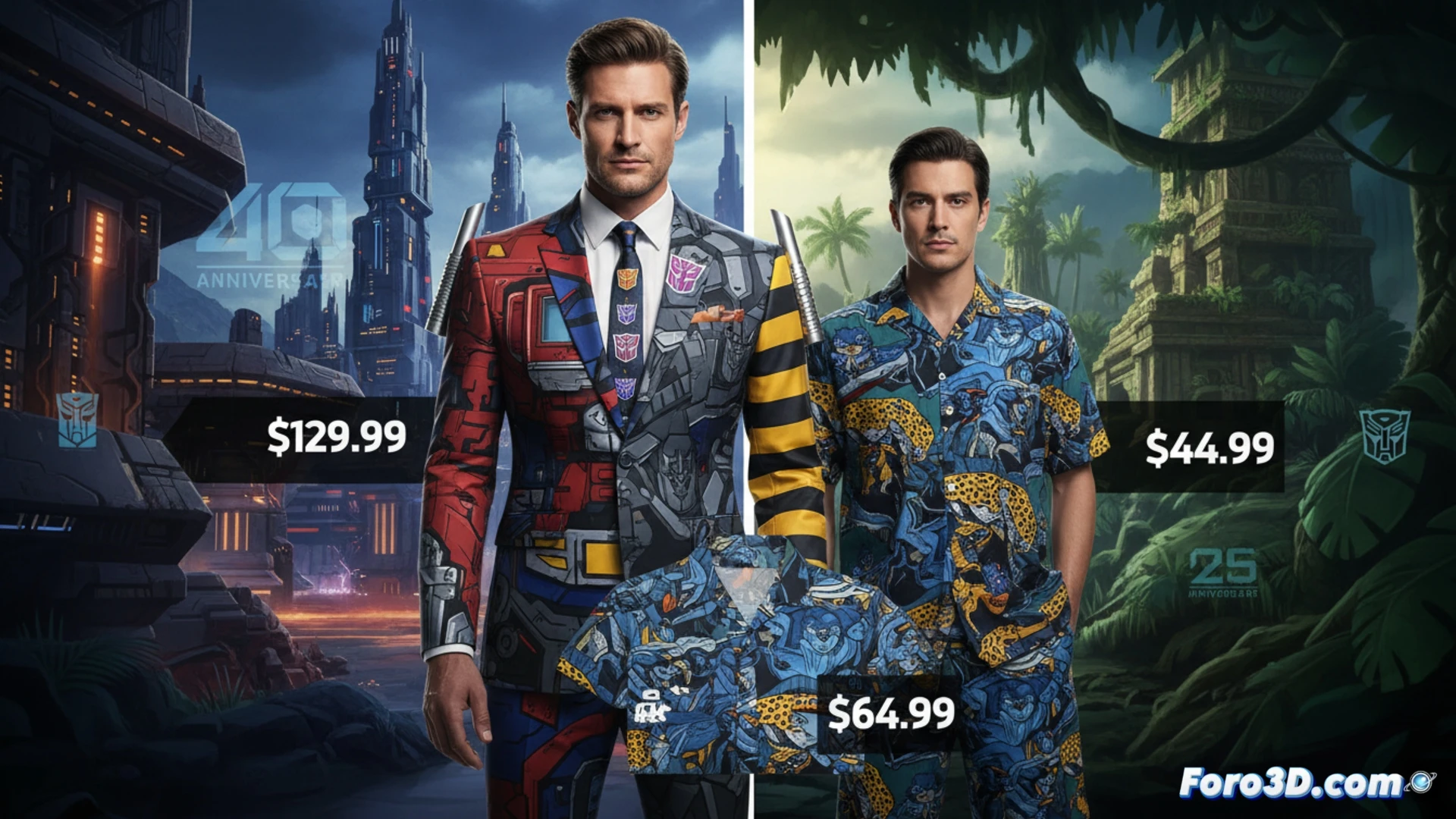 Un hombre luce un traje formal con el diseño de Optimus Prime, junto a una camisa hawaiana del mismo personaje, sobre fondo vibrante.