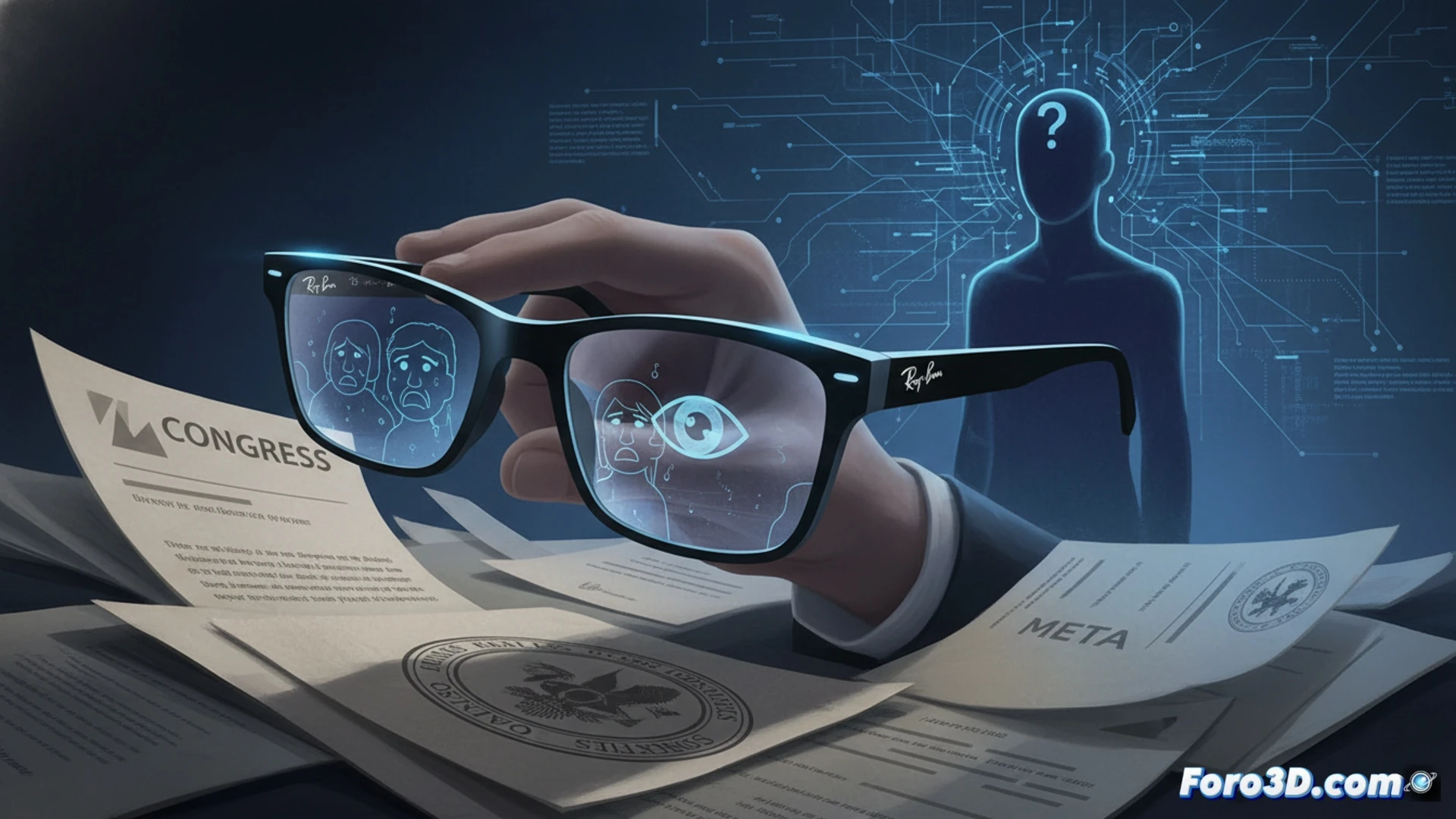 Un modelo de las gafas Ray-Ban Meta sobre un informe que alerta sobre vigilancia encubierta mediante reconocimiento facial.