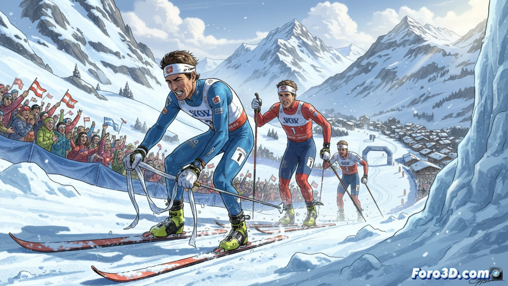 Oriol Cardona, con el dorsal español, celebra su tercer puesto en Villars que le da la plata en la general de la Copa del Mundo.