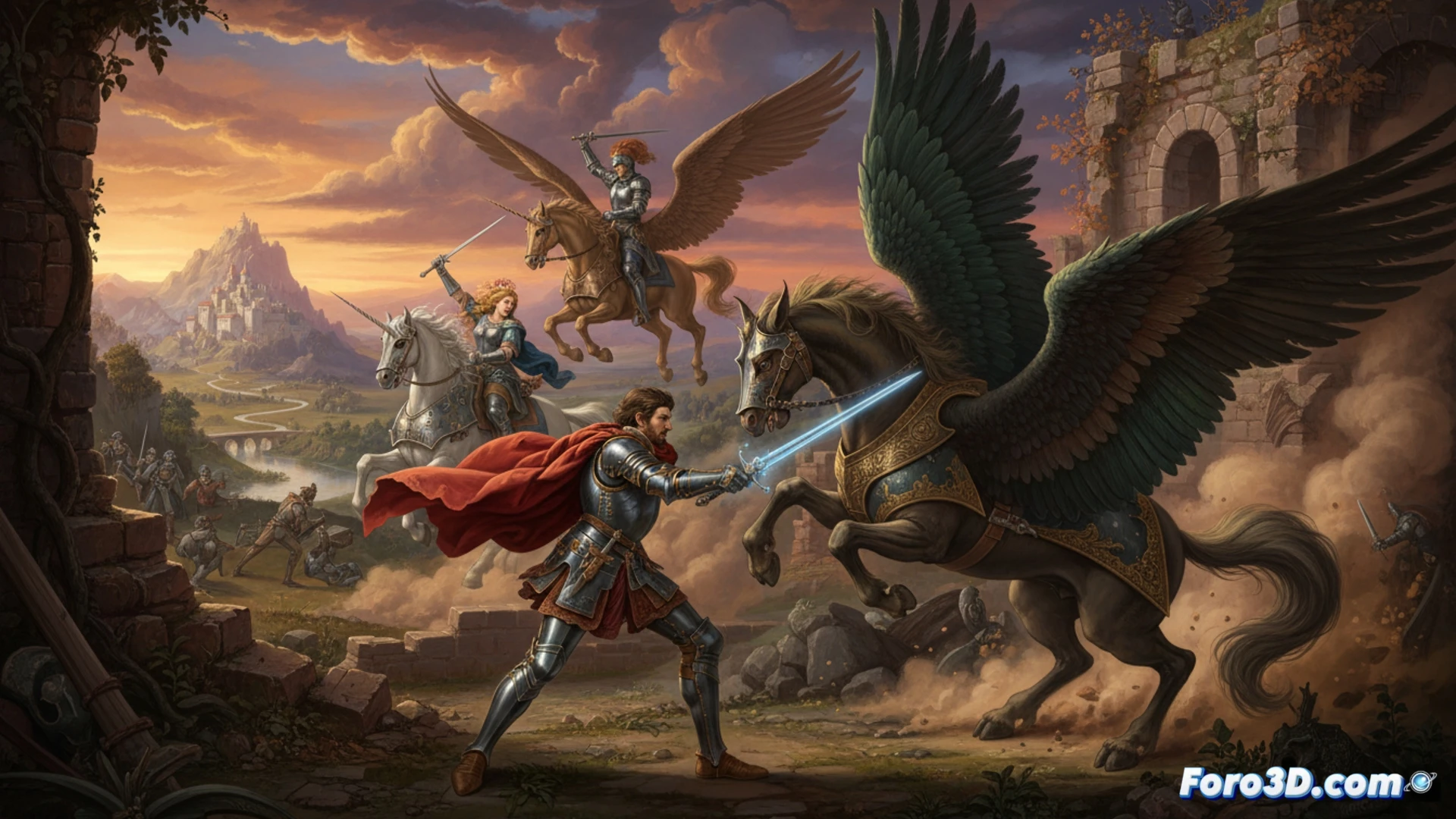 Un caballero de malla poligonal cabalga entre arquitecturas renacentistas y glitches digitales, simbolizando la fusión del poema épico con el arte 3D contemporáneo.