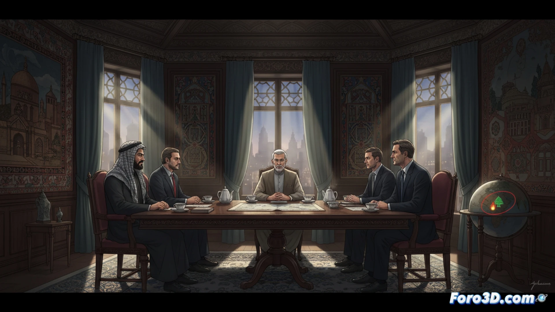 Mapa 3D del Estrecho de Ormuz con rutas de buques petroleros y puntos de tensión geopolítica resaltados.