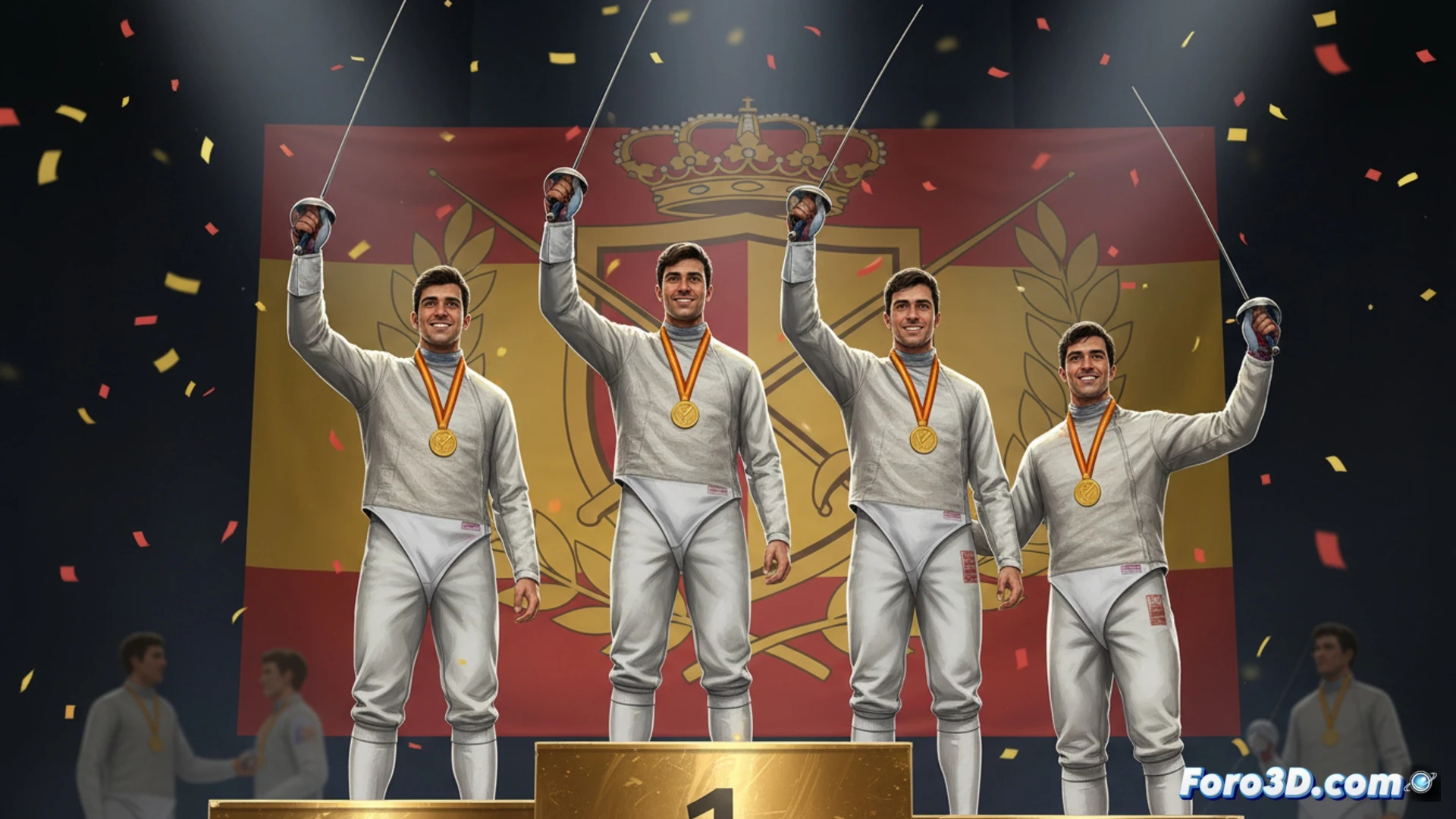 Descripción: Cuatro esgrimistas españoles celebran con sables alzados en un podio dorado, bajo focos y banderas, tras ganar el Europeo.