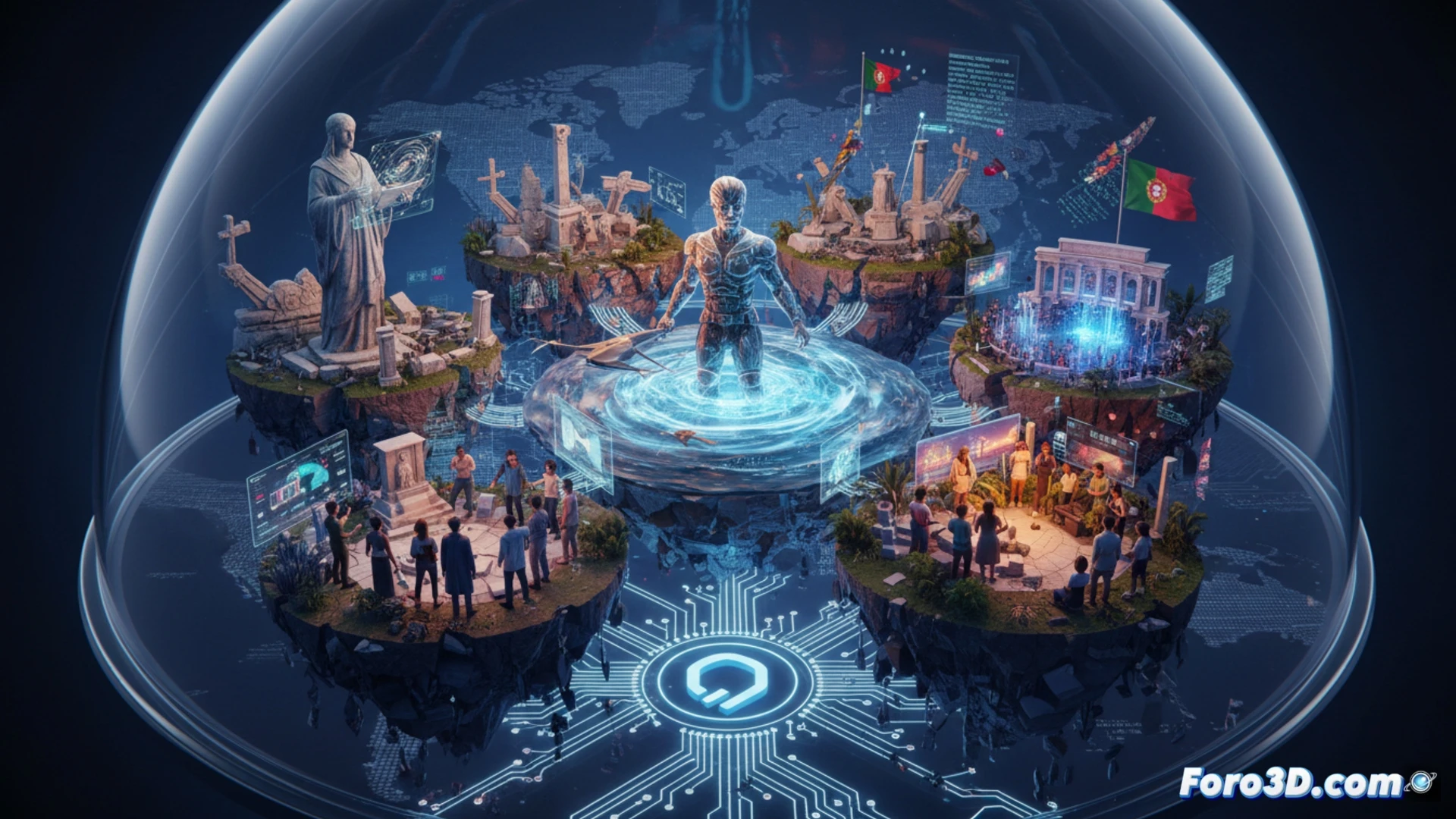 Un modelo 3D de una carabela portuguesa se descompone en fragmentos de código y mapas coloniales, sobre un fondo de versos digitales.