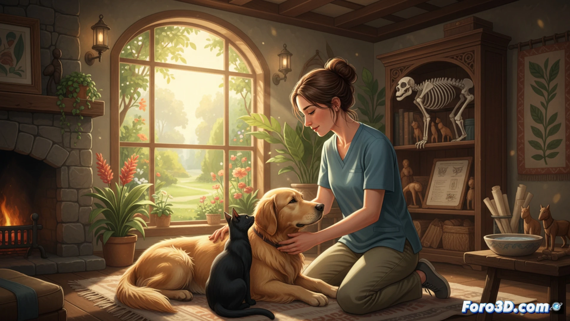 Manos de veterinaria osteópata sobre perro en camilla, con gato cerca, simbolizando alivio y prevención integral.