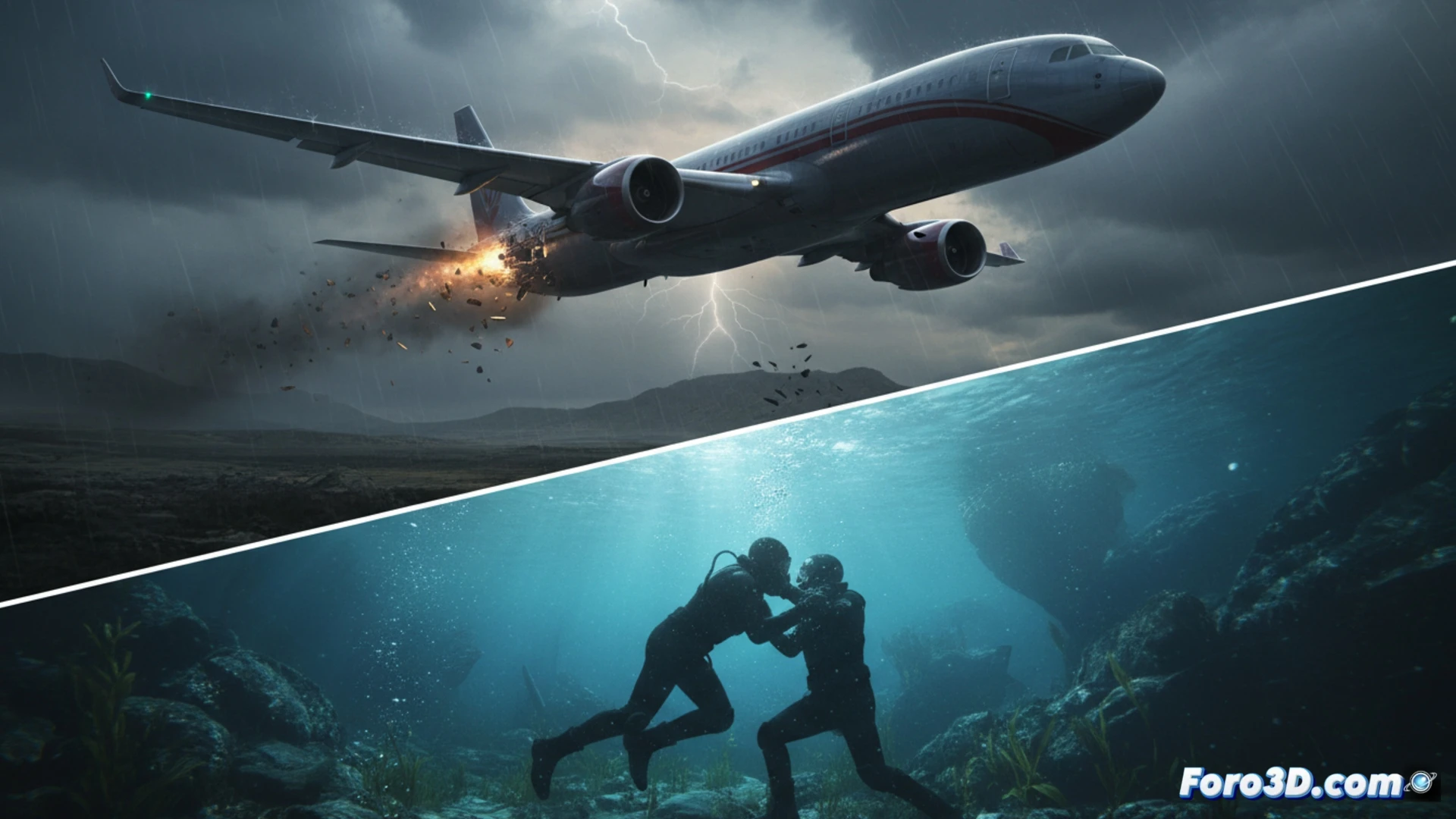 Un avión CGI en llamas sobrevuela el océano mientras dos figuras luchan bajo el agua, iluminadas por destellos de luz digital.