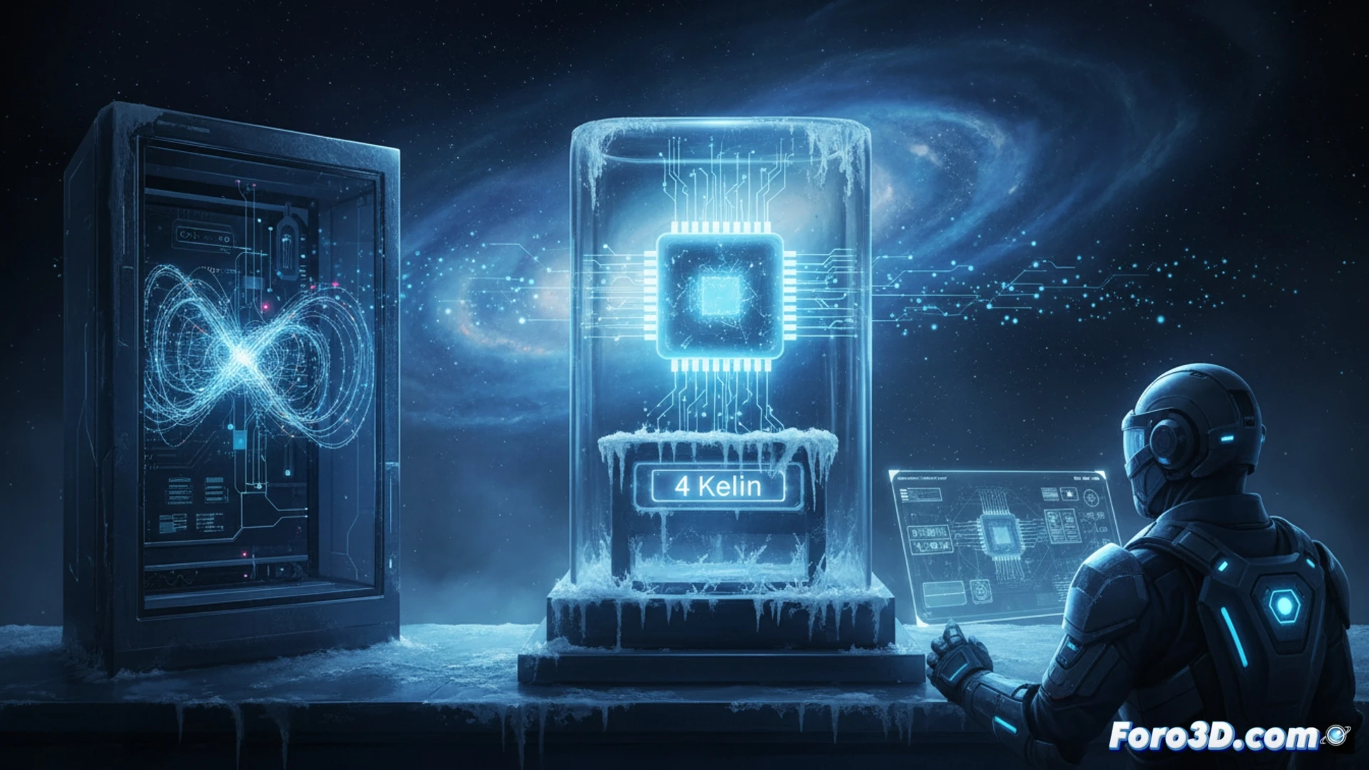 Micrografía azul brillante de óxido de galio sobre fondo negro, con electrones fluyendo a -270°C, superando el límite de semiconductores tradicionales.