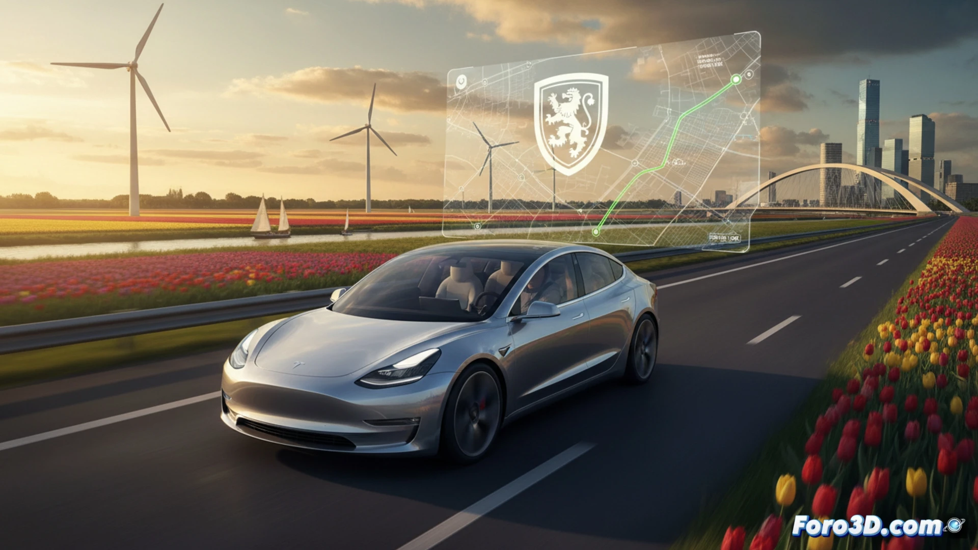 Un mapa de carreteras de Holanda con el logo de Tesla y el texto 'FSD Approved' brillando sobre él.