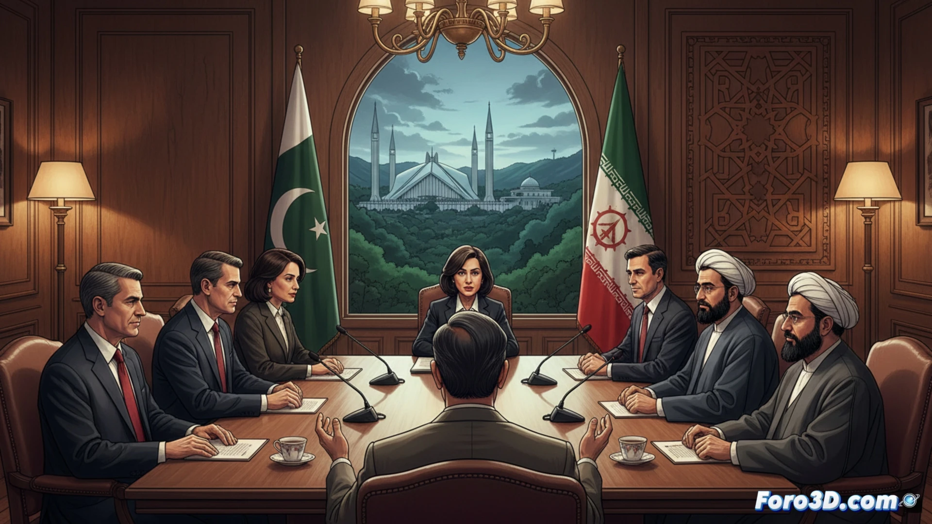 Dos diplomáticos conversan ante una bandera de Pakistán, con mapas de EEUU e Irán sobre la mesa.