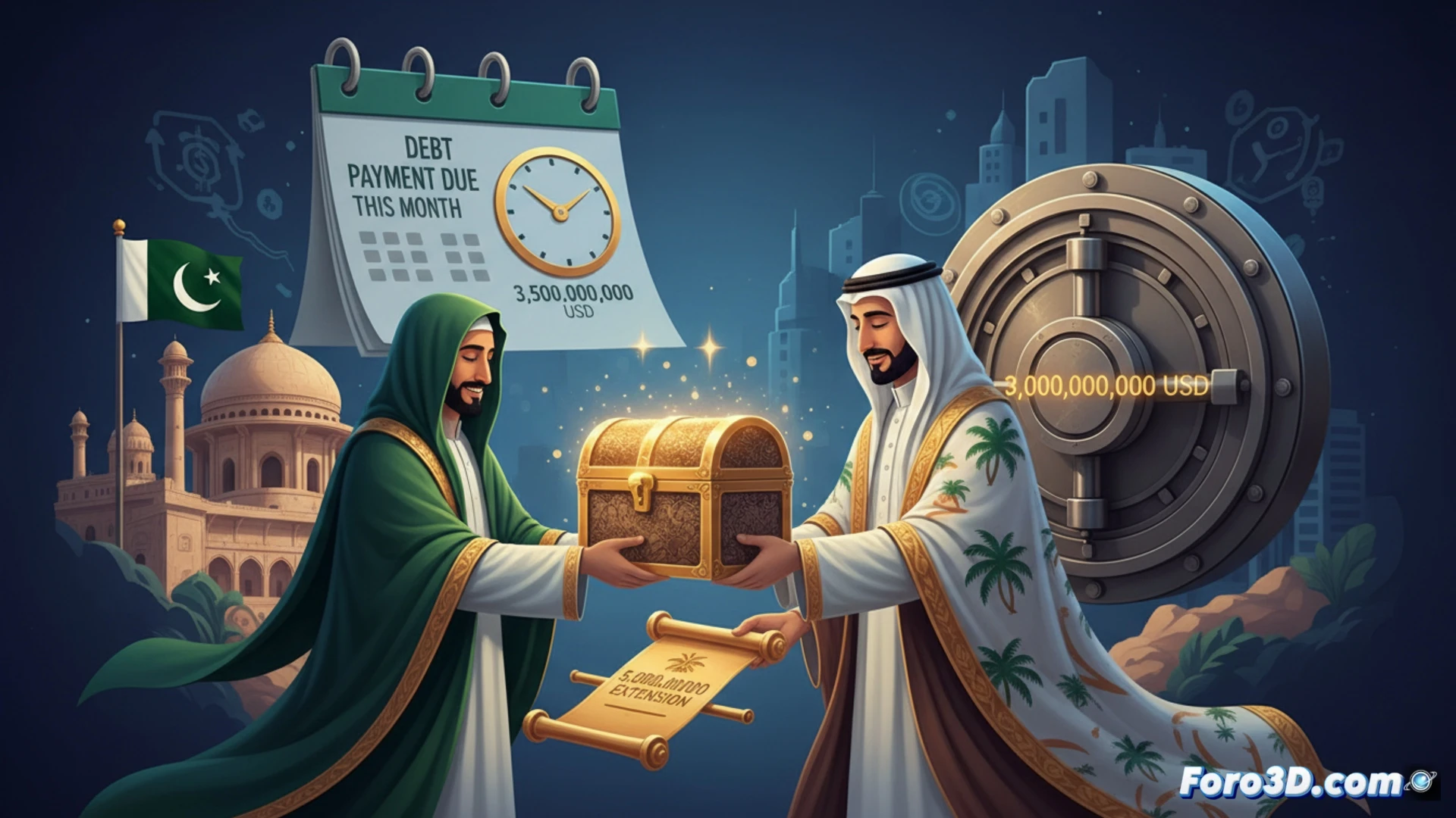 Un billete saudita y otro pakistaní, con gráficos de depósitos y deuda que se equilibran.