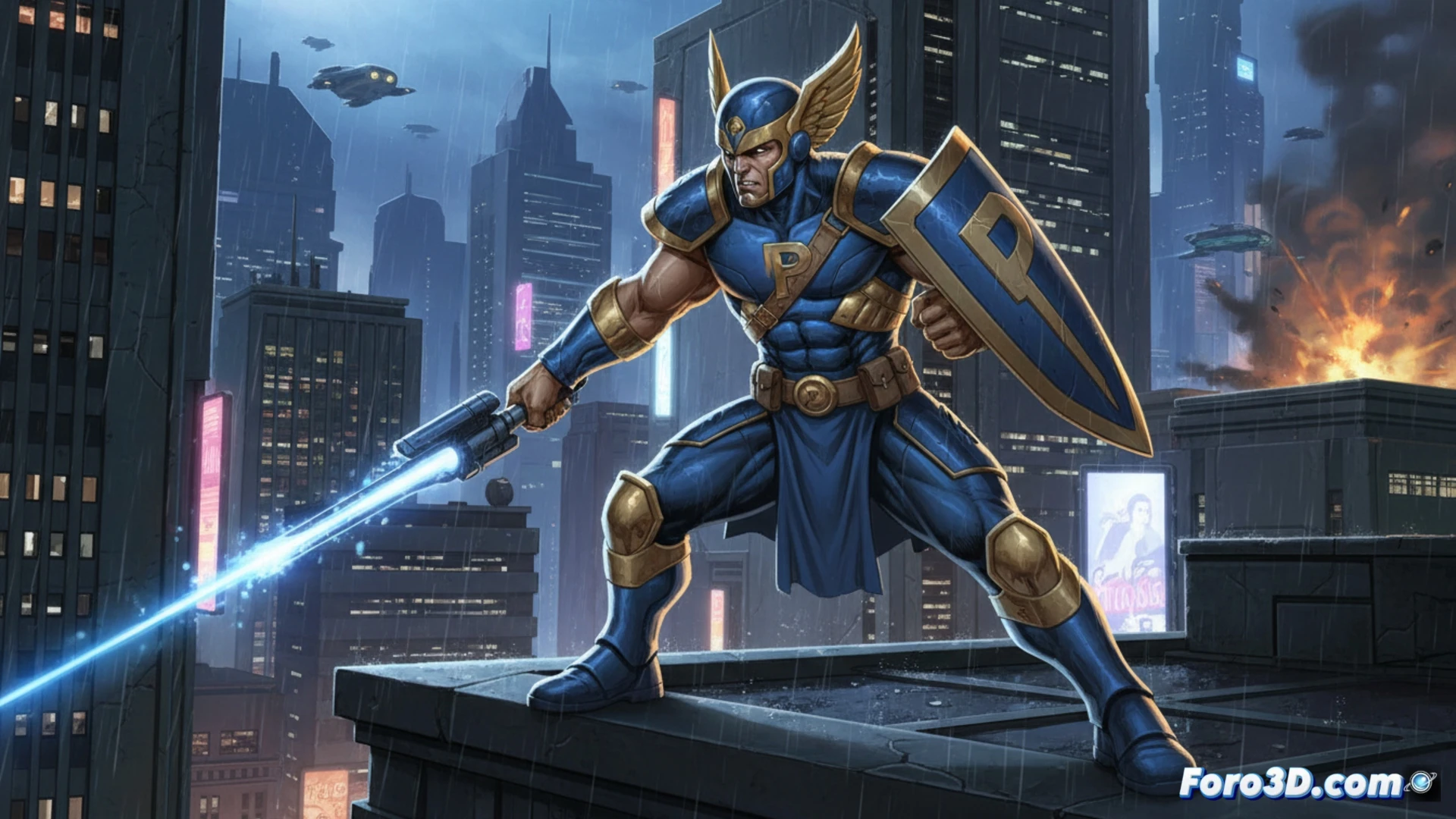 Un mercenario con armadura plateada y escudo, en una pose vigilante y cínica.