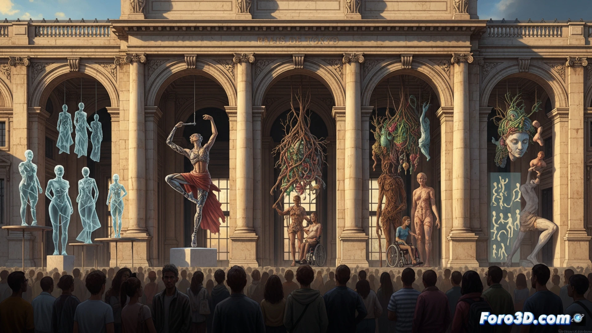 Una instalación con esculturas corporales imperfectas que desafían la norma, en un espacio museístico amplio y moderno.