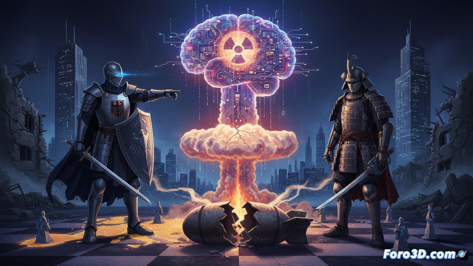 Una imagen que muestra un mapa de Europa con Alemania resaltada en acero, dividido por una línea digital brillante que separa un lado nuclear envejecido de otro dominado por algoritmos de IA y datos.