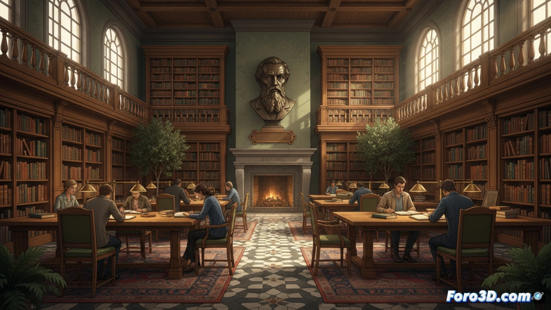 Sala de estudio Palencia bautizada poeta Lecrác, libros abiertos y retrato del escritor en pared ladrillo.