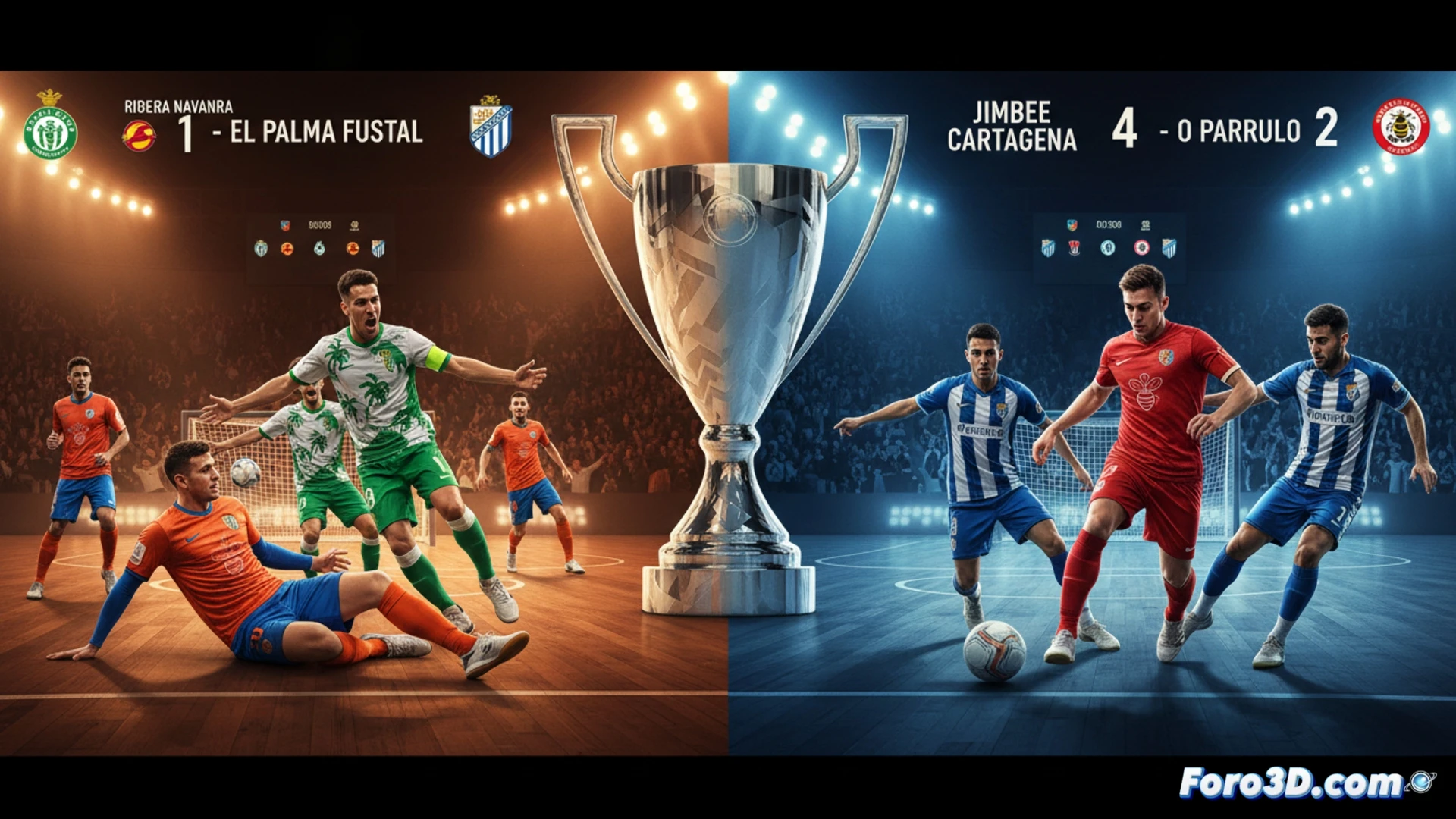 Dos jugadores de fútbol sala, uno del Palma y otro del Cartagena, chocan palmas en la cancha, con balones y luces de estadio al fondo, simbolizando su preparación para la Champions.